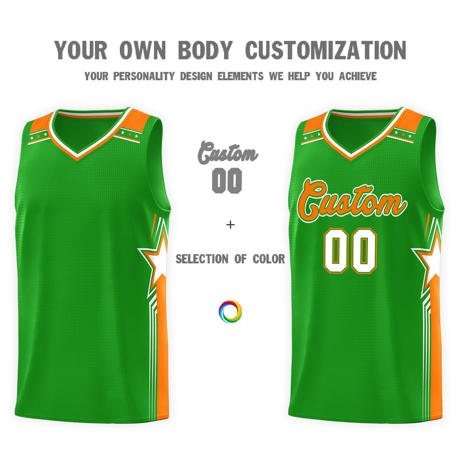 Custom Green Orange Star Graffiti Pattern Sports Uniform Basketball Jersey