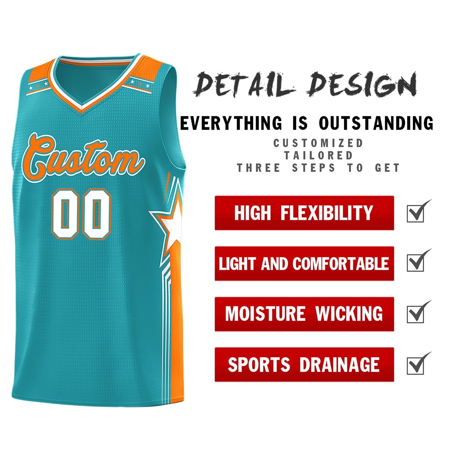 Custom Aqua Orange Star Graffiti Pattern Sports Uniform Basketball Jersey