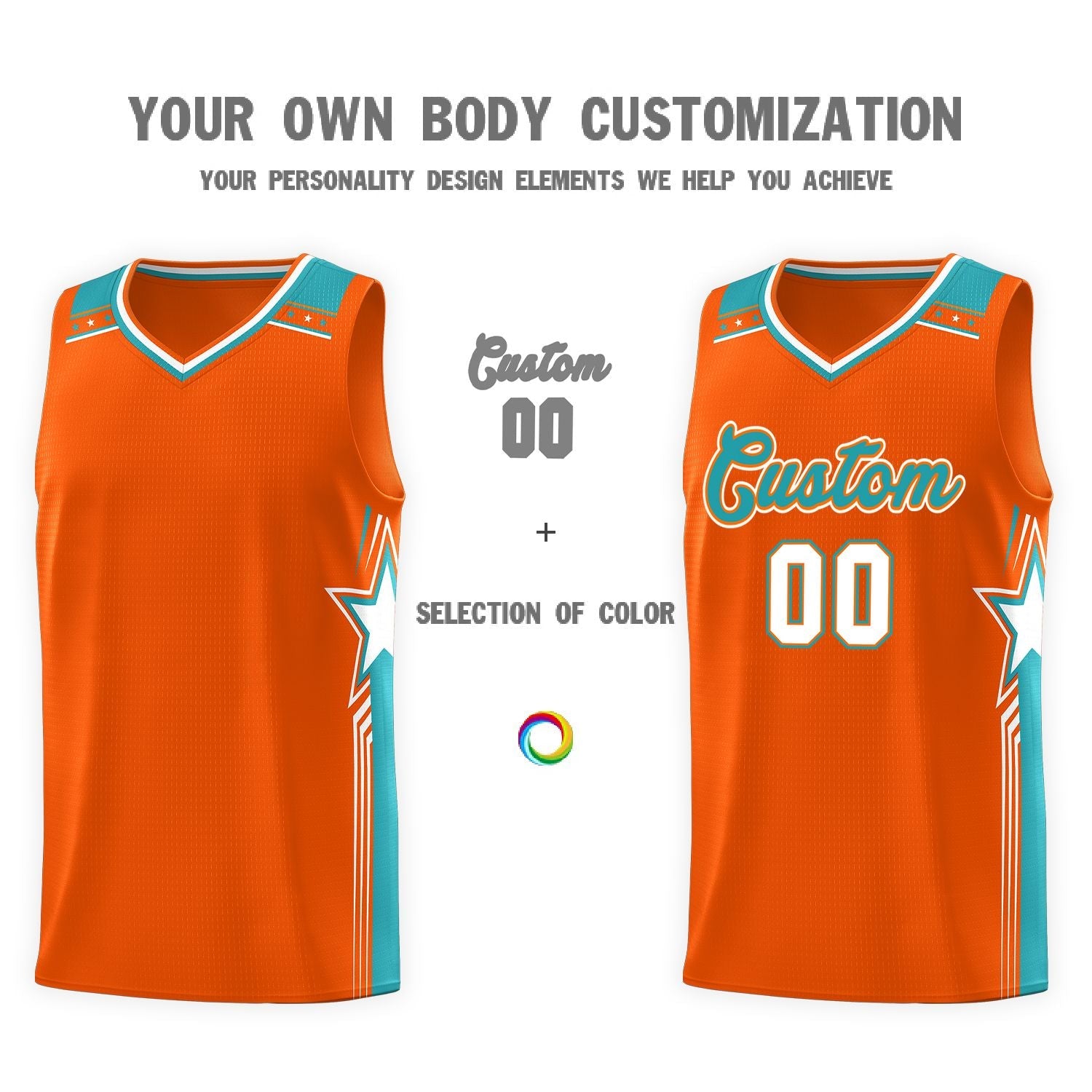 Custom Orange Aqua Star Graffiti Pattern Sports Uniform Basketball Jersey