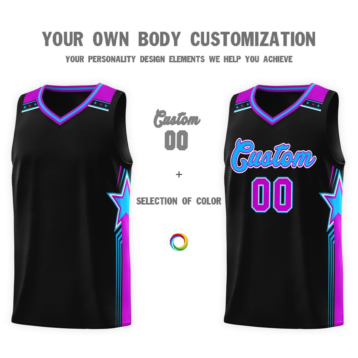 Custom Black Powder Blue Star Graffiti Pattern Sports Uniform Basketball Jersey