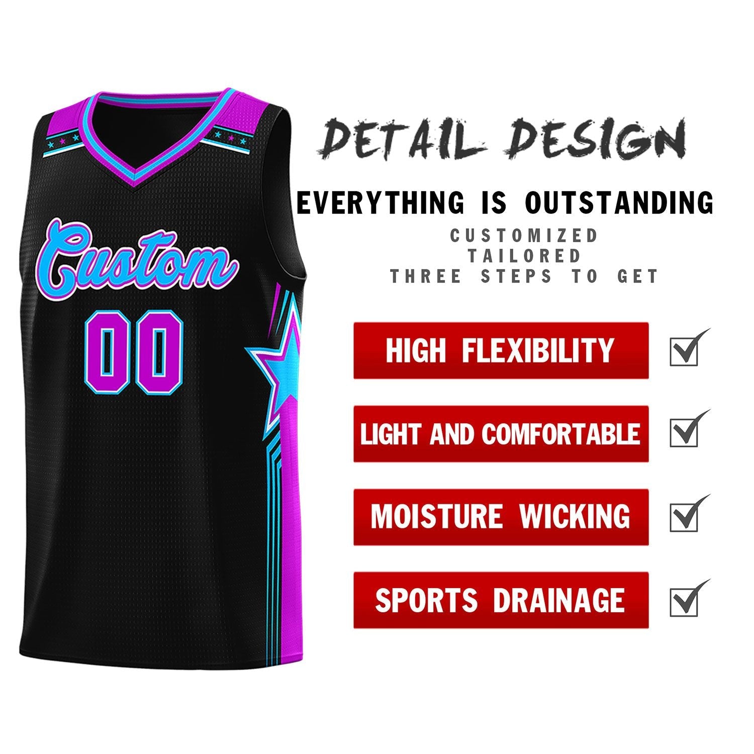 Custom Black Powder Blue Star Graffiti Pattern Sports Uniform Basketball Jersey