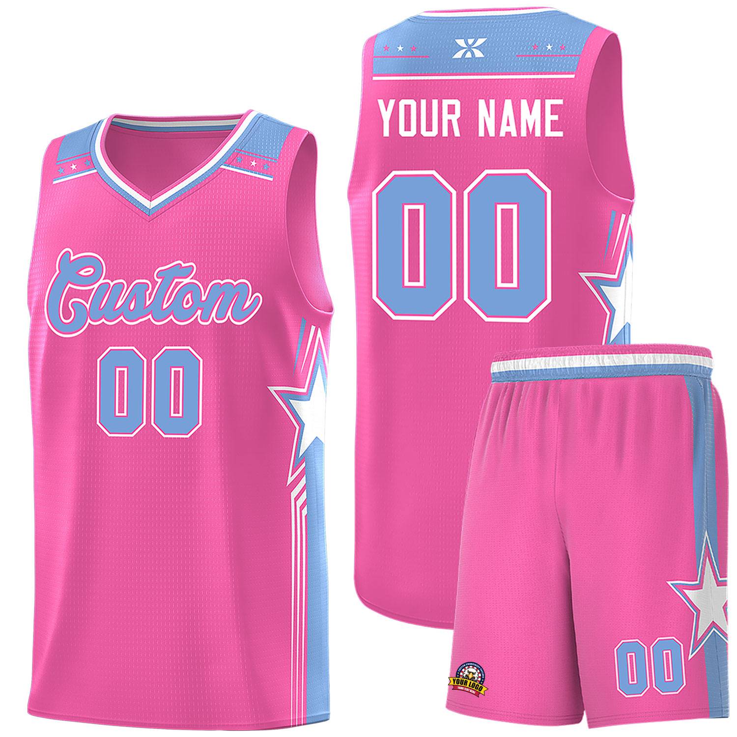 Custom Pink Light Blue Star Graffiti Pattern Sports Uniform Basketball Jersey