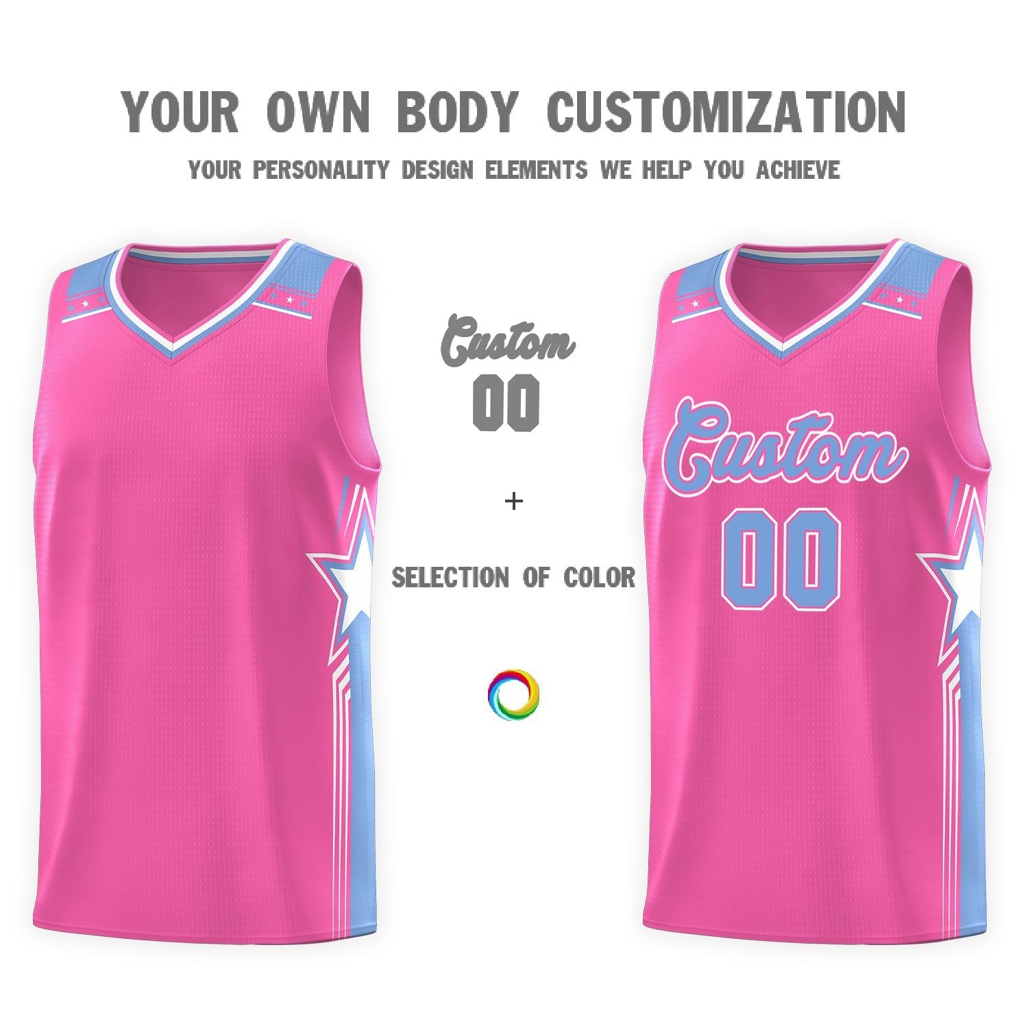 Custom Pink Light Blue Star Graffiti Pattern Sports Uniform Basketball Jersey