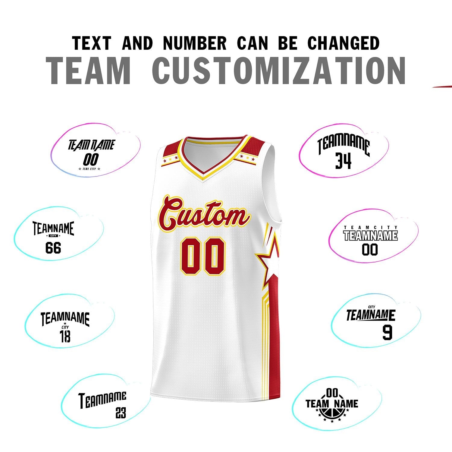 Custom White Red Star Graffiti Pattern Sports Uniform Basketball Jersey