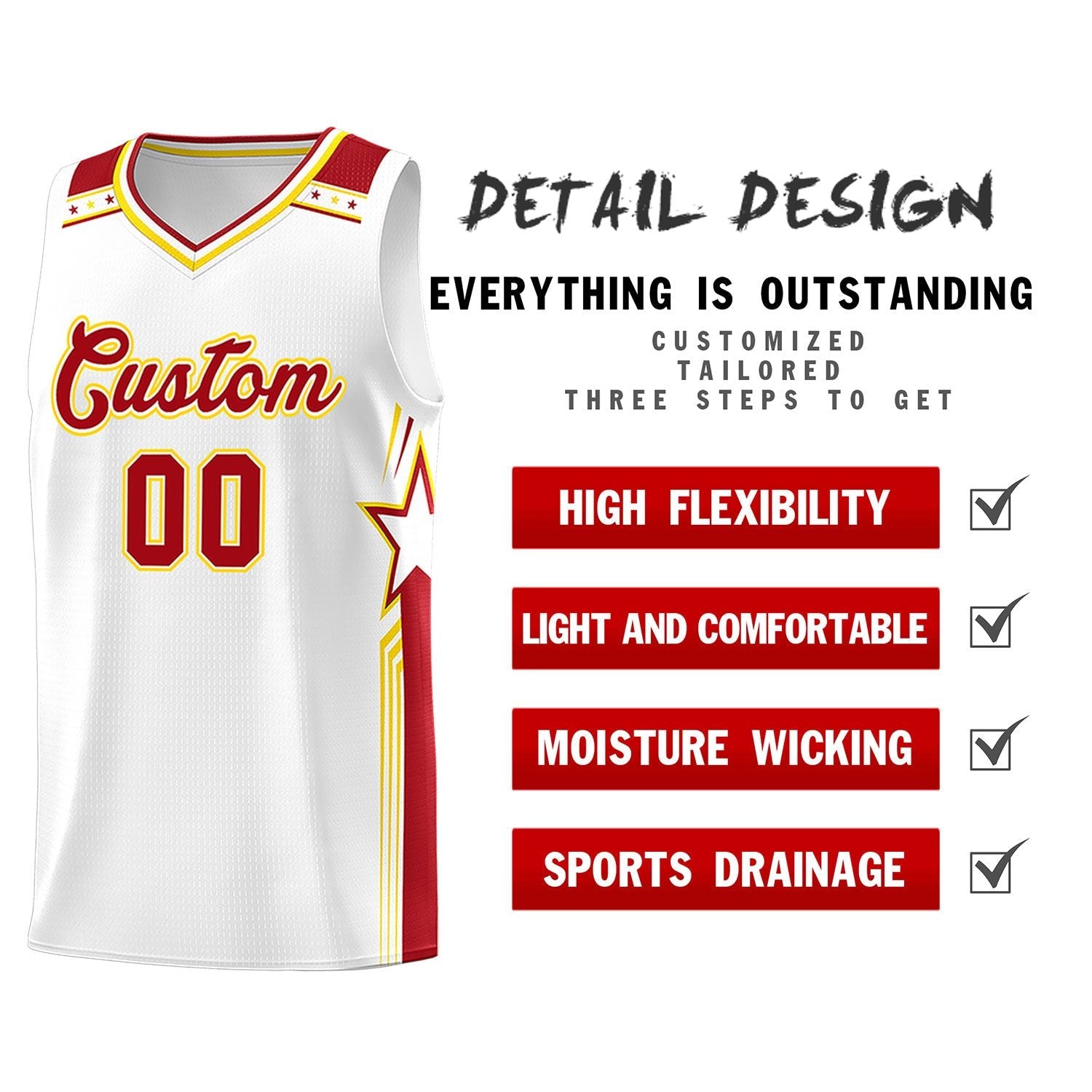 Custom White Red Star Graffiti Pattern Sports Uniform Basketball Jersey