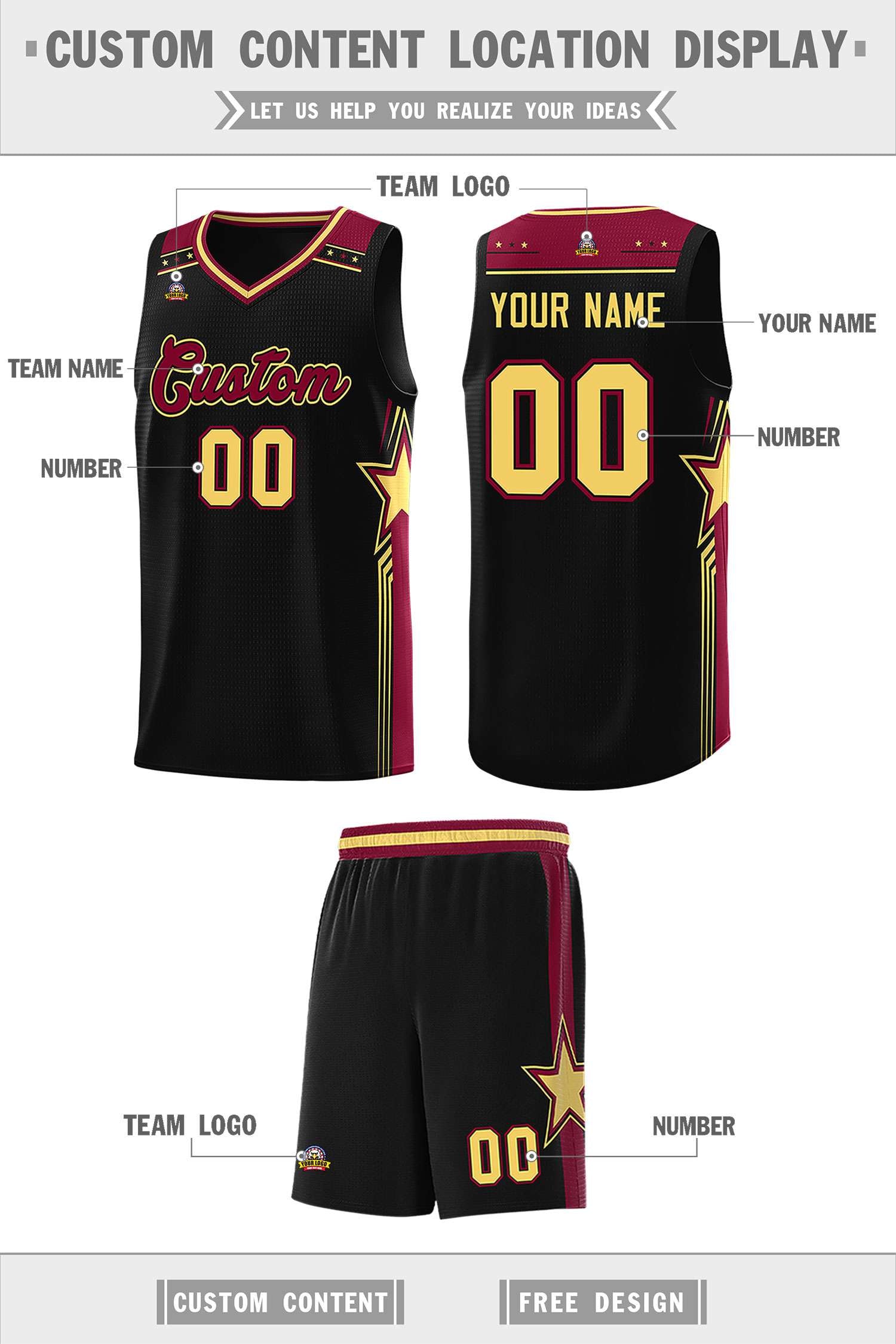 Custom Black Crimson Star Graffiti Pattern Sports Uniform Basketball Jersey