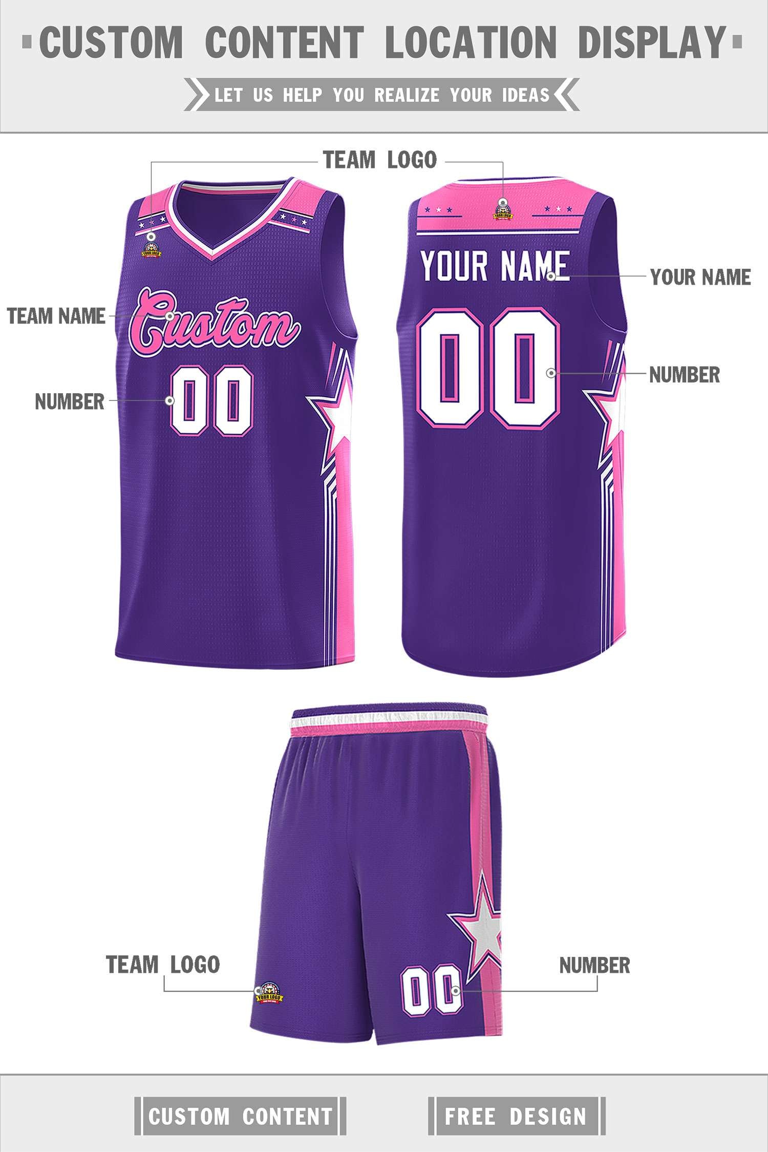 Custom Purple Pink Star Graffiti Pattern Sports Uniform Basketball Jersey