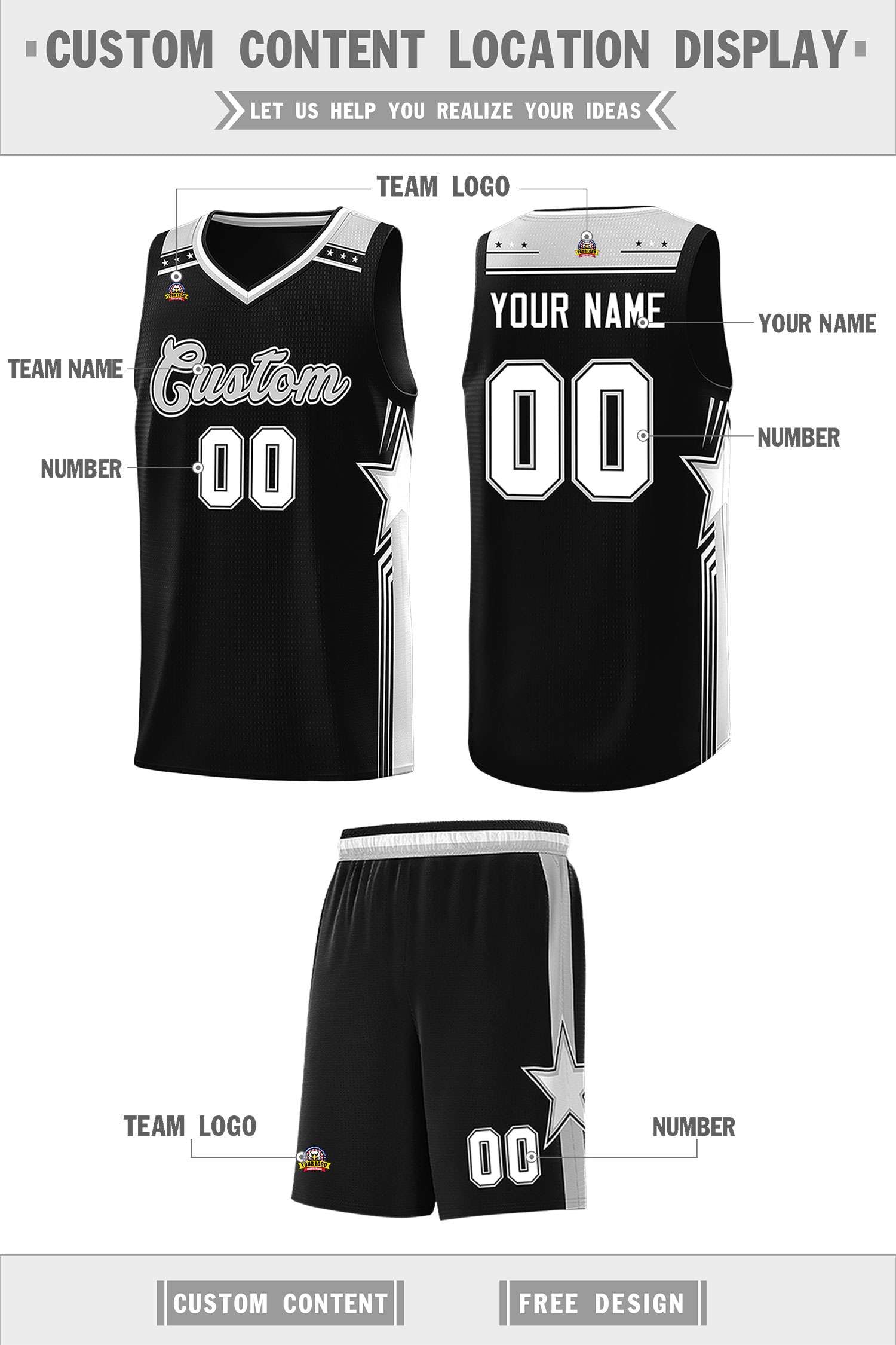 Custom Black Gray Star Graffiti Pattern Sports Uniform Basketball Jersey