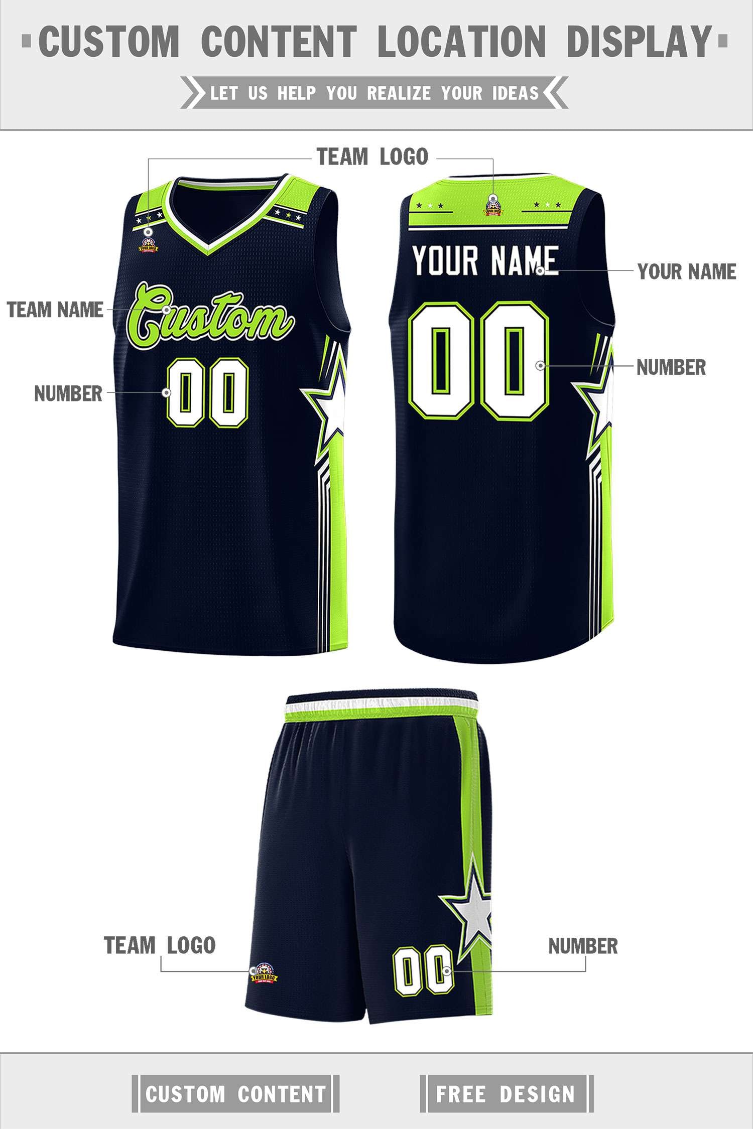 Custom Navy Neon Green Star Graffiti Pattern Sports Uniform Basketball Jersey