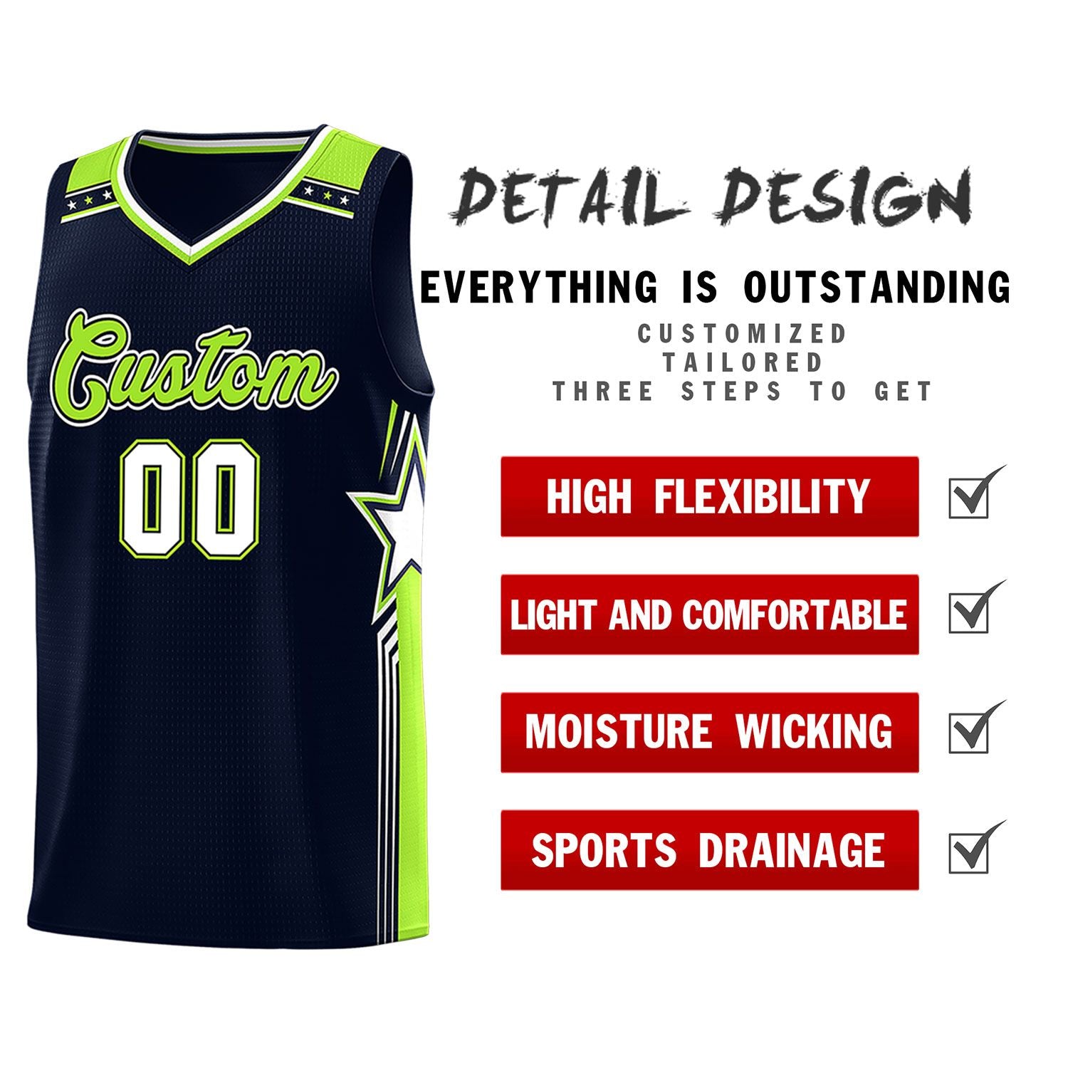 Custom Navy Neon Green Star Graffiti Pattern Sports Uniform Basketball Jersey