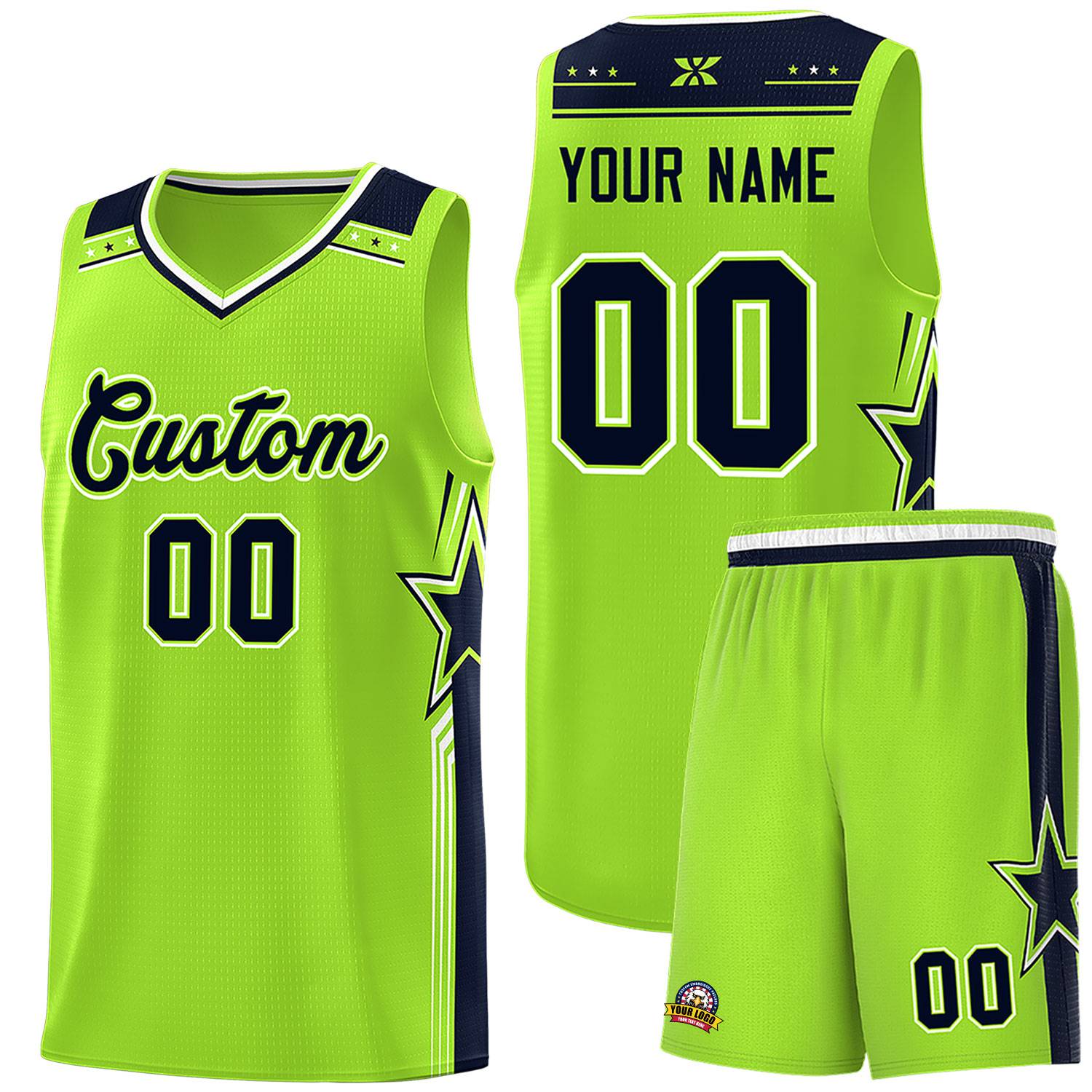 Custom Neon Green Navy Star Graffiti Pattern Sports Uniform Basketball Jersey