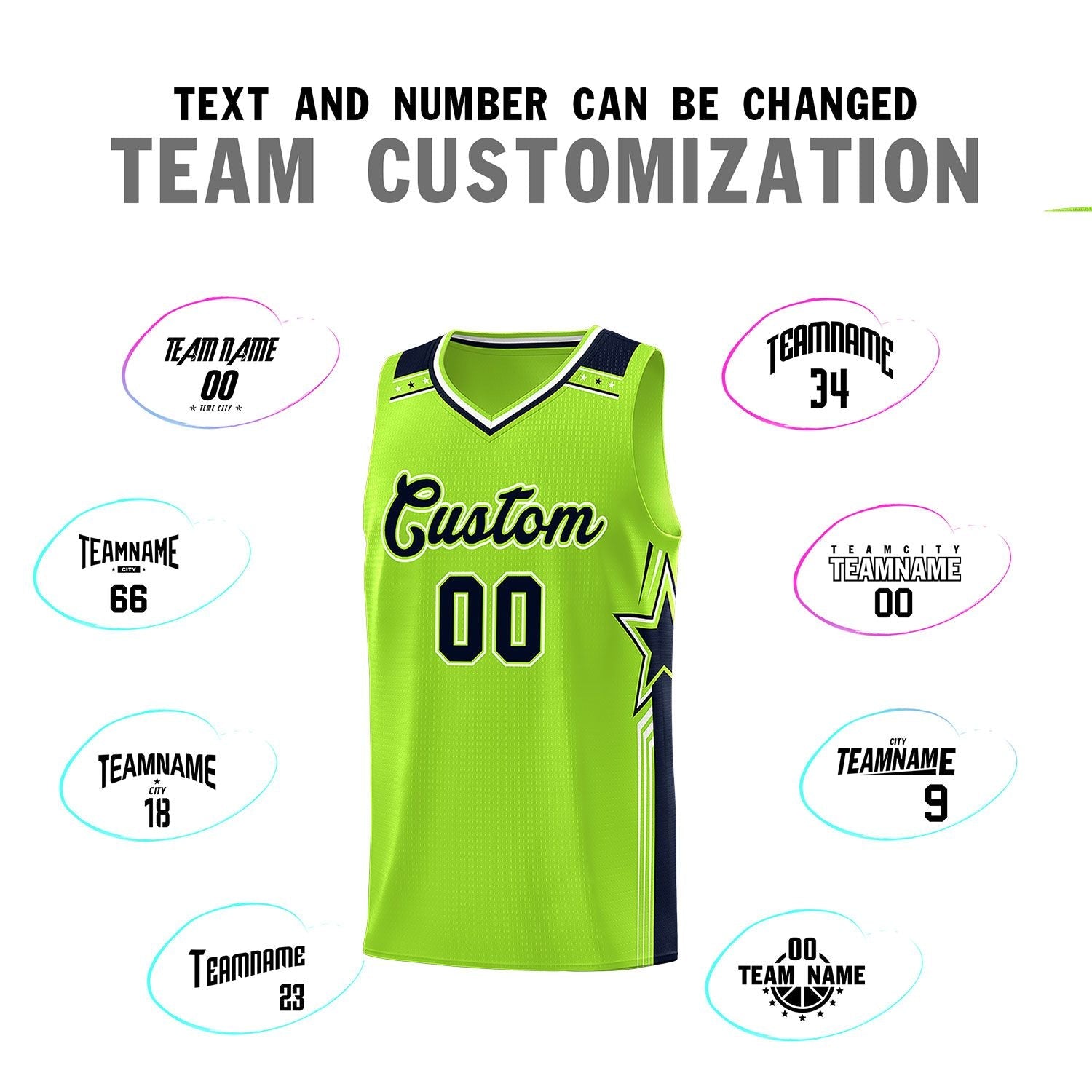 Custom Neon Green Navy Star Graffiti Pattern Sports Uniform Basketball Jersey