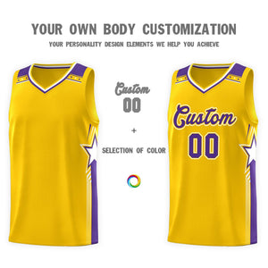 Custom Gold Purple Star Graffiti Pattern Sports Uniform Basketball Jersey