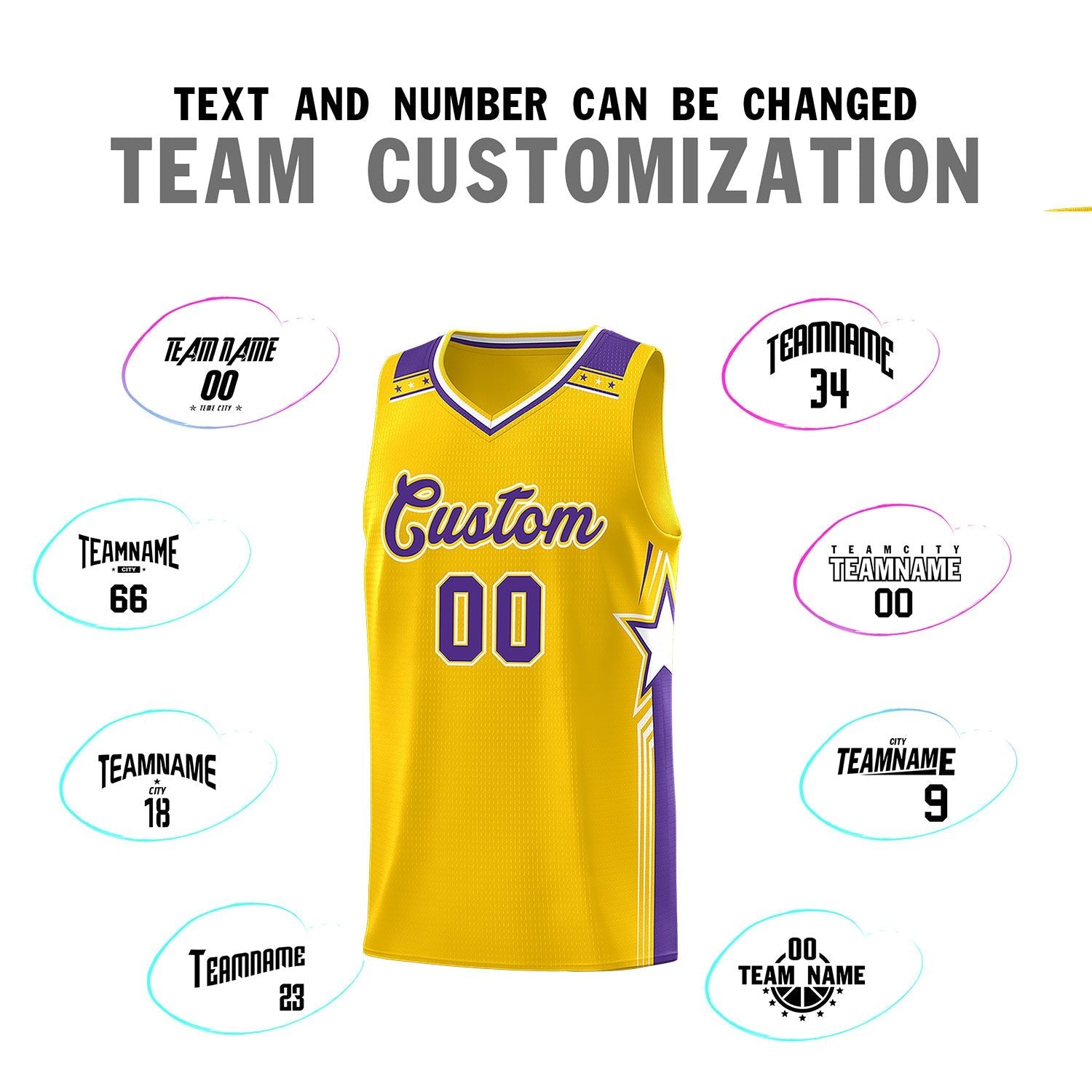 Custom Gold Purple Star Graffiti Pattern Sports Uniform Basketball Jersey