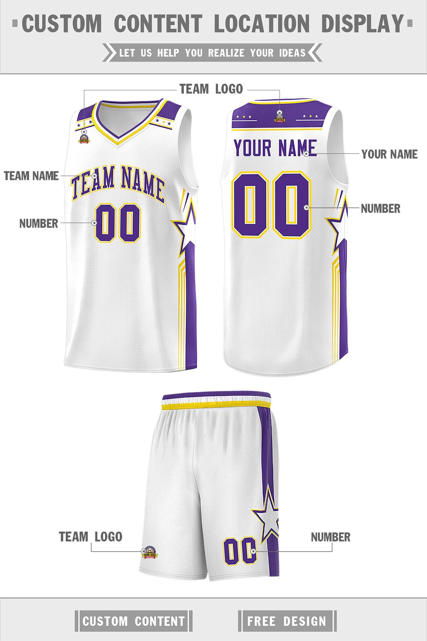 Custom White Purple Star Graffiti Pattern Sports Uniform Basketball Jersey