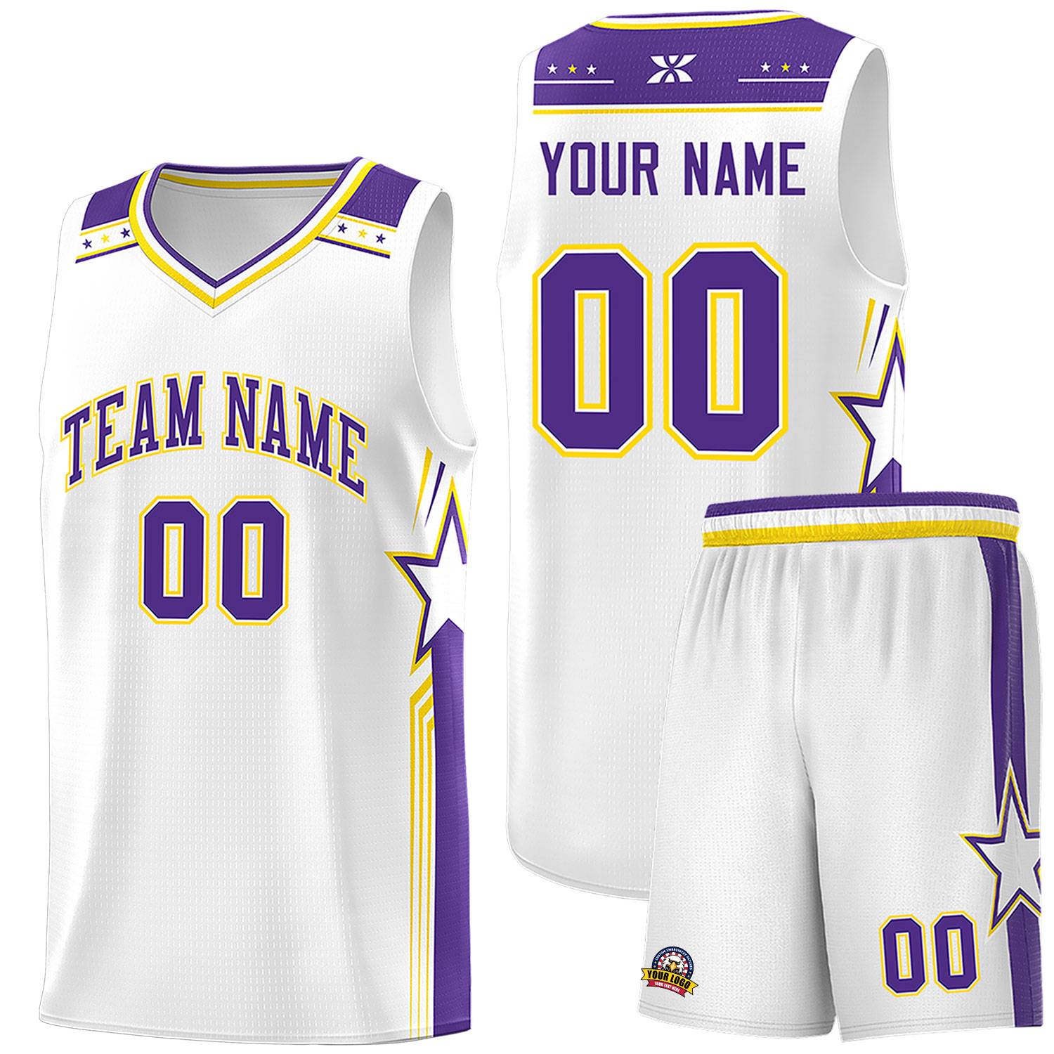 Custom White Purple Star Graffiti Pattern Sports Uniform Basketball Jersey