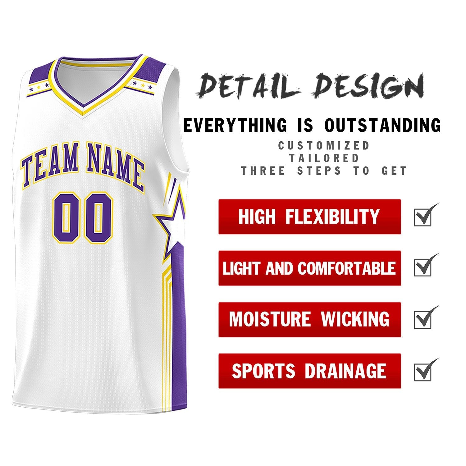 Custom White Purple Star Graffiti Pattern Sports Uniform Basketball Jersey