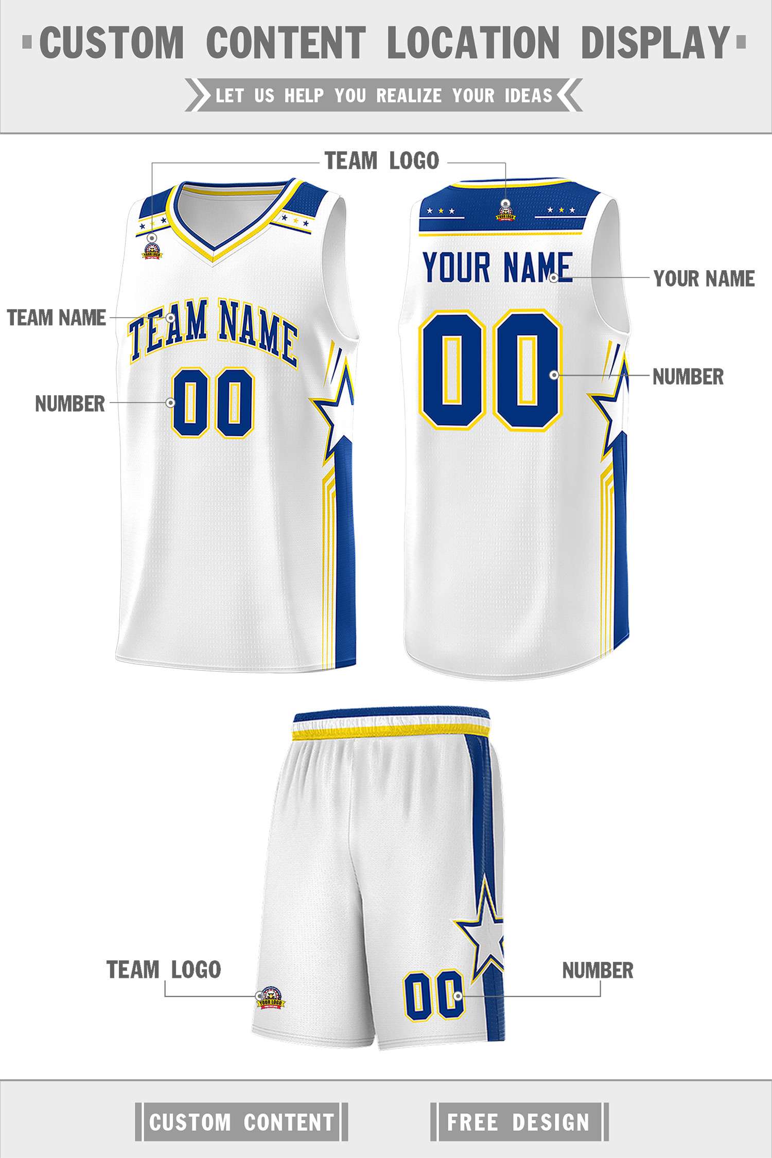 Custom White Royal Star Graffiti Pattern Sports Uniform Basketball Jersey