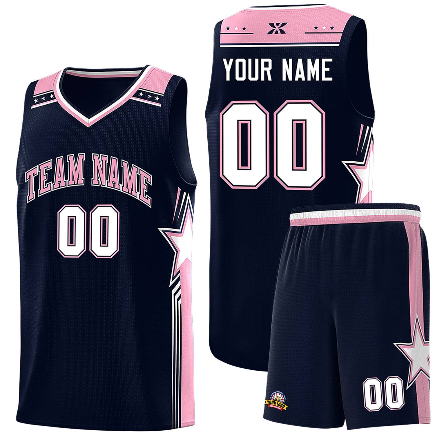 Custom Navy Light Pink Star Graffiti Pattern Sports Uniform Basketball Jersey