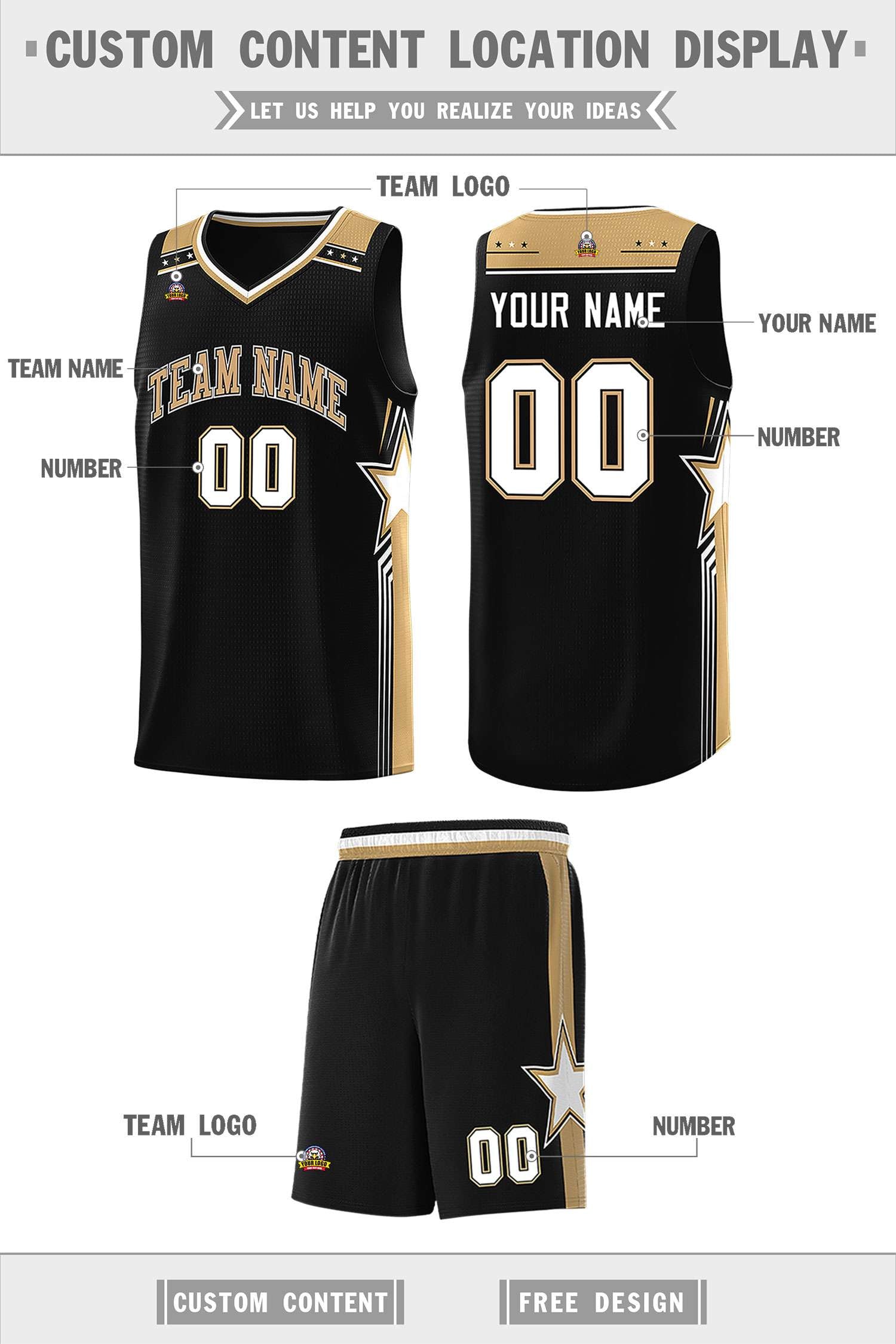 Custom Black Old Gold Star Graffiti Pattern Sports Uniform Basketball Jersey
