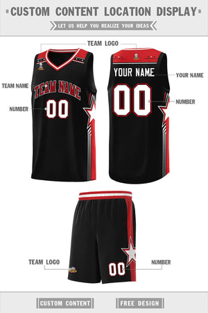 Custom Black Red Star Graffiti Pattern Sports Uniform Basketball Jersey