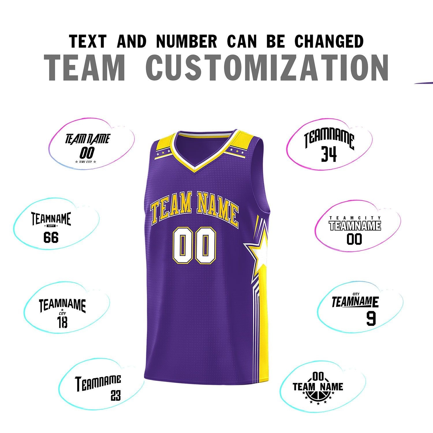 Custom Purple Gold Star Graffiti Pattern Sports Uniform Basketball Jersey