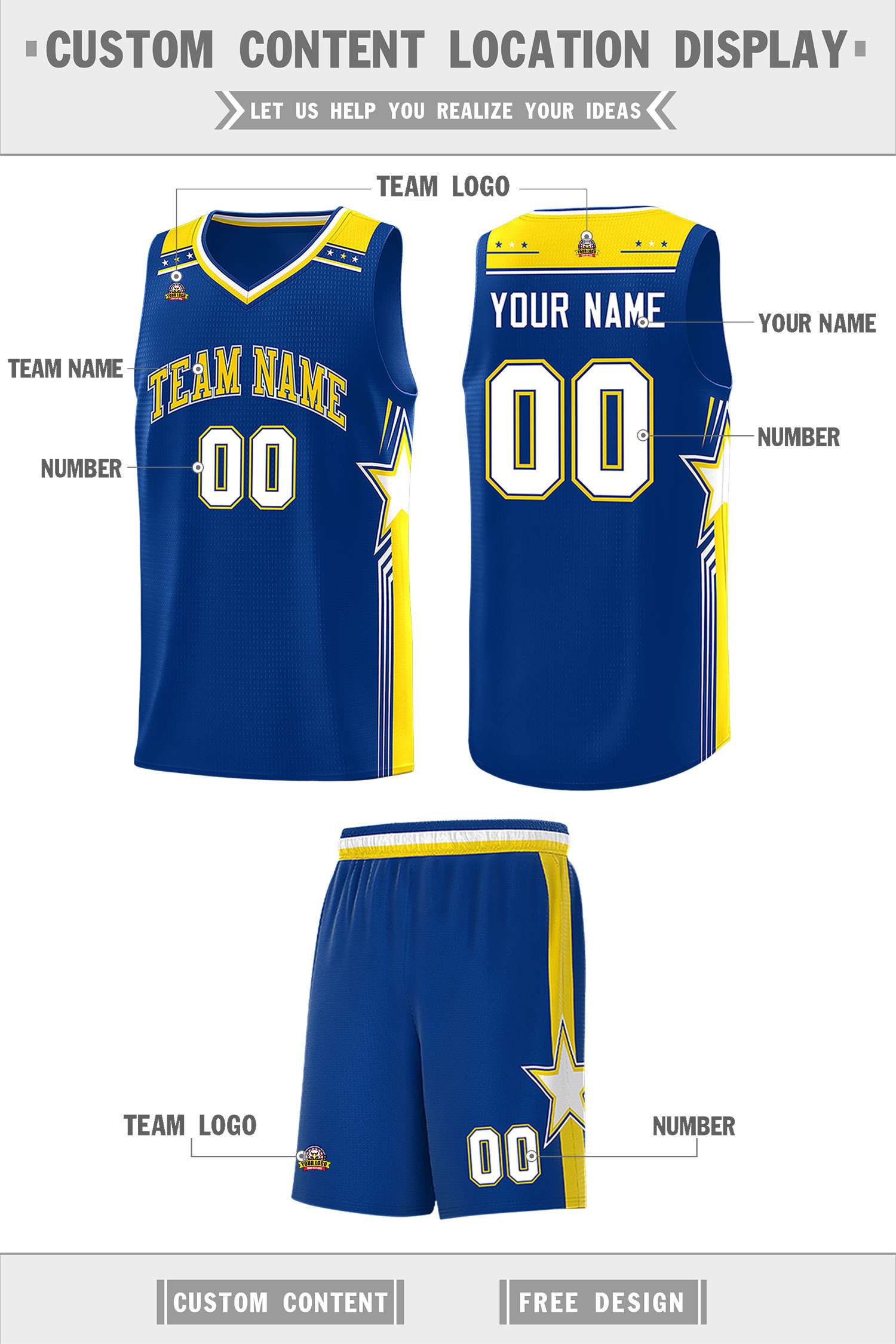 Custom Royal Gold Star Graffiti Pattern Sports Uniform Basketball Jersey