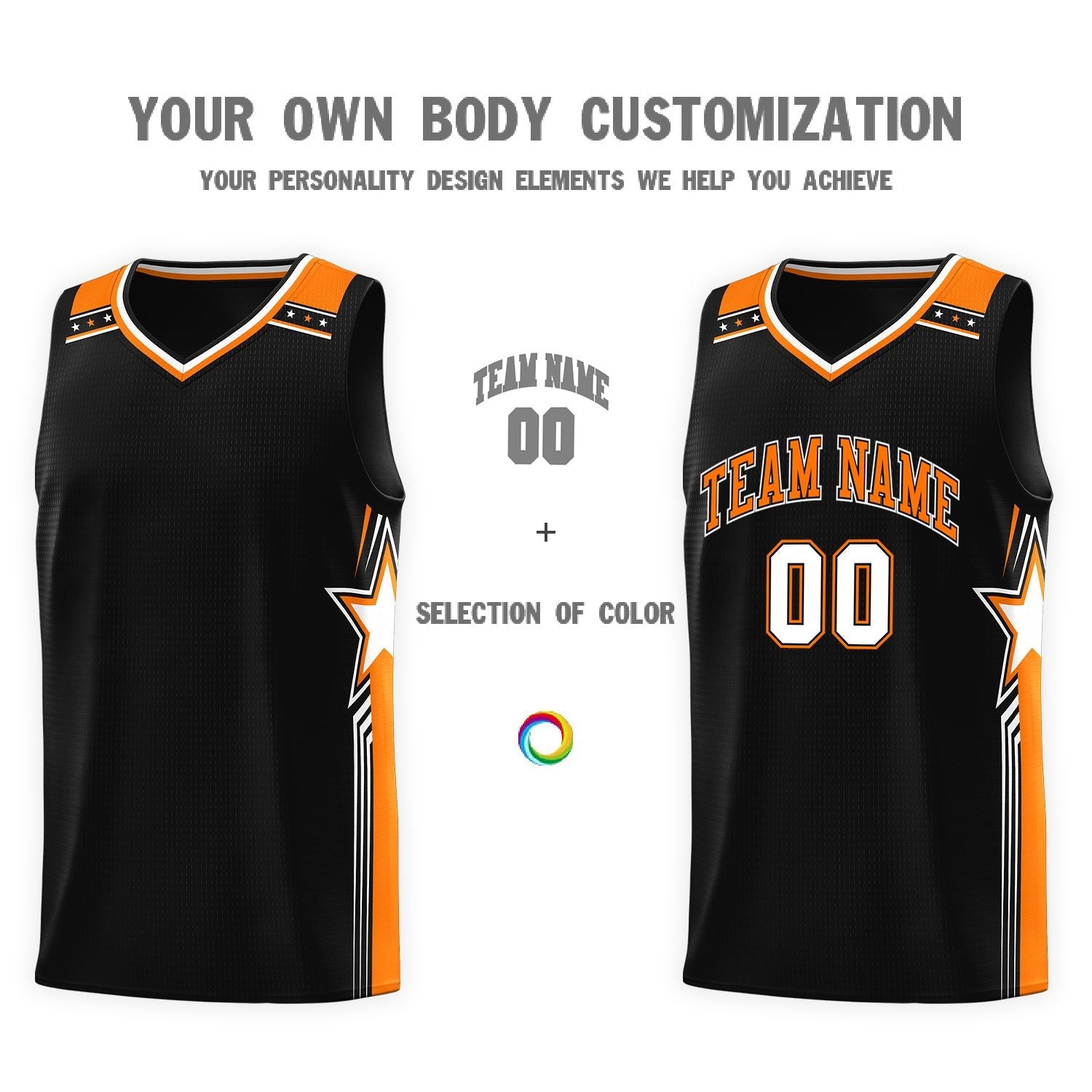 Custom Black Orange Star Graffiti Pattern Sports Uniform Basketball Jersey