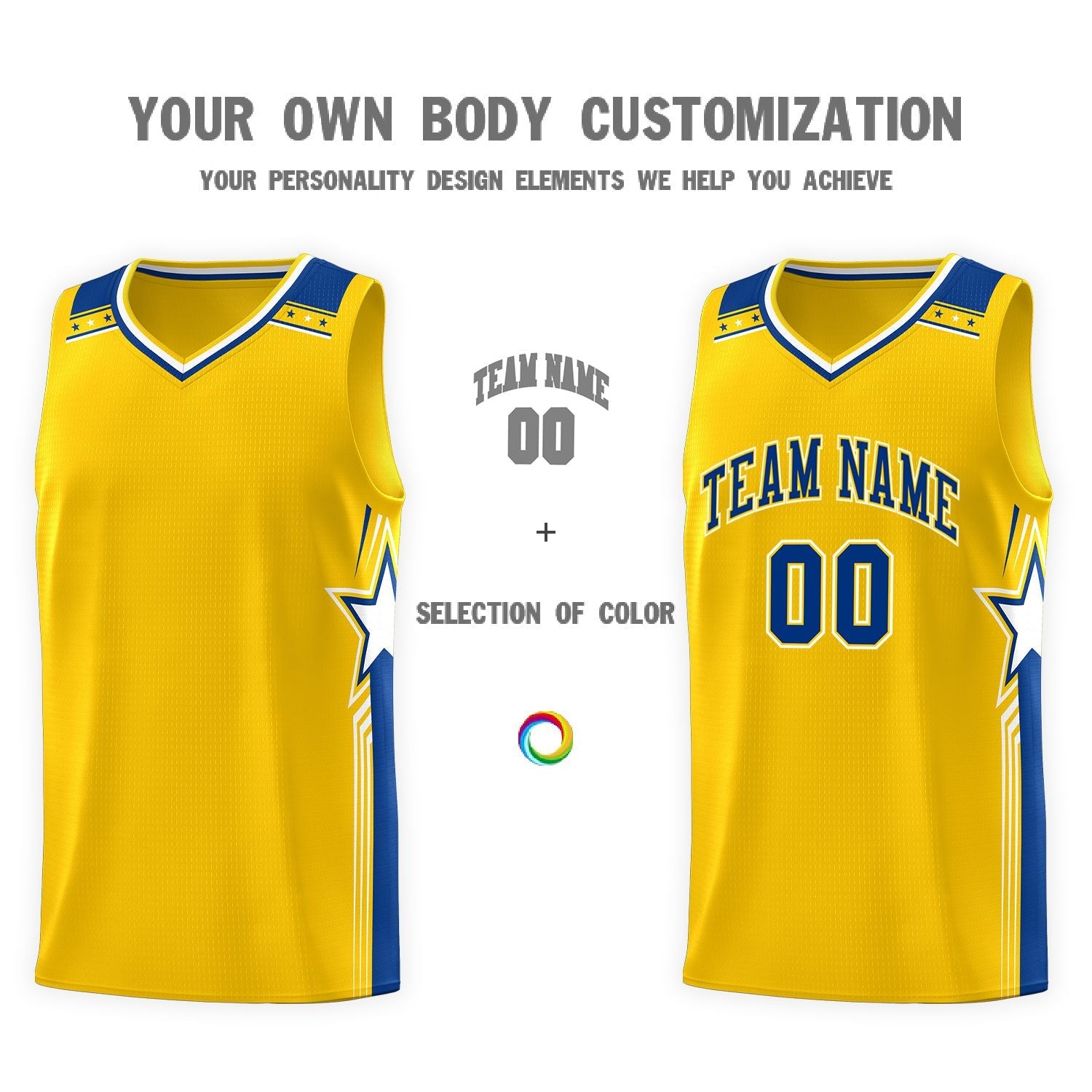 Custom Gold Royal Star Graffiti Pattern Sports Uniform Basketball Jersey