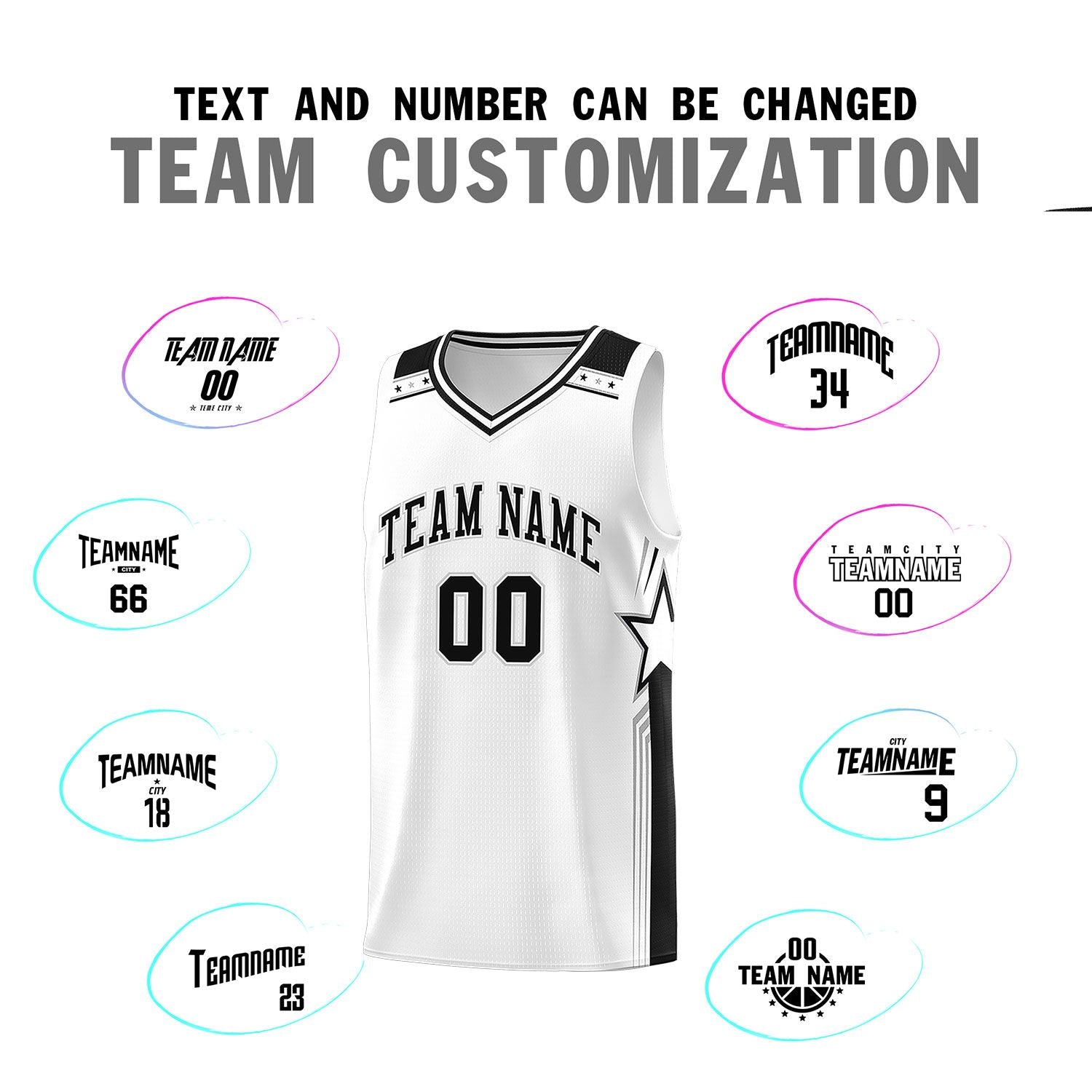 Custom White Black Star Graffiti Pattern Sports Uniform Basketball Jersey