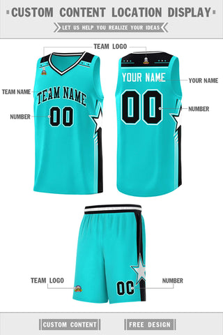 Custom Aqua Black Star Graffiti Pattern Sports Uniform Basketball Jersey