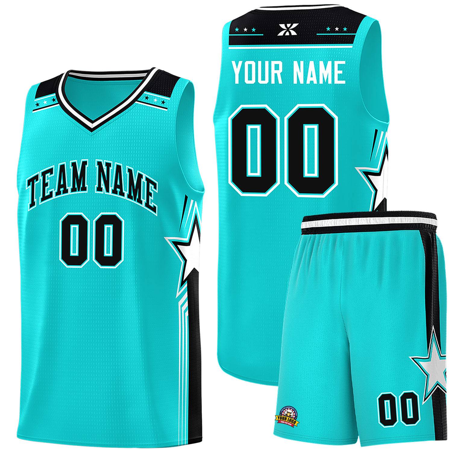 Custom Aqua Black Star Graffiti Pattern Sports Uniform Basketball Jersey