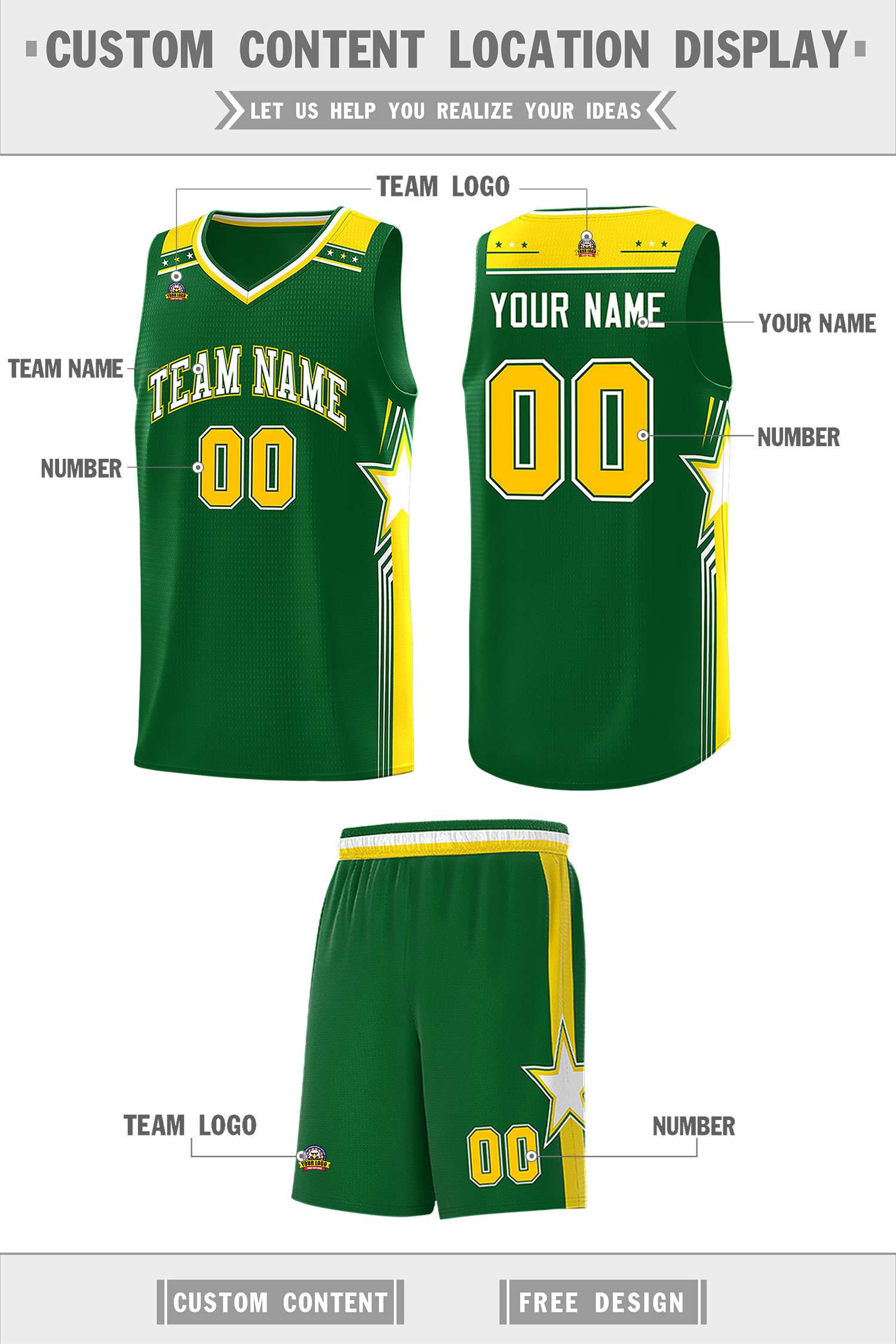 Custom Kelly Green White Star Graffiti Pattern Sports Uniform Basketball Jersey