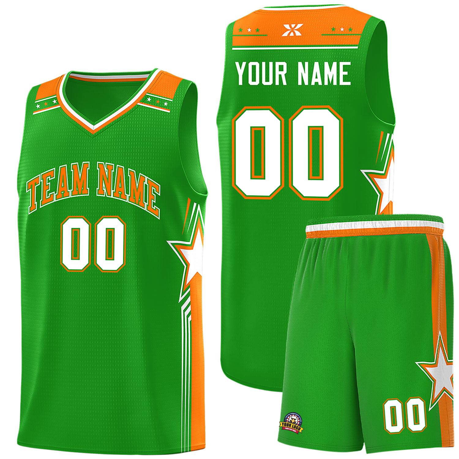 Custom Green Orange Star Graffiti Pattern Sports Uniform Basketball Jersey