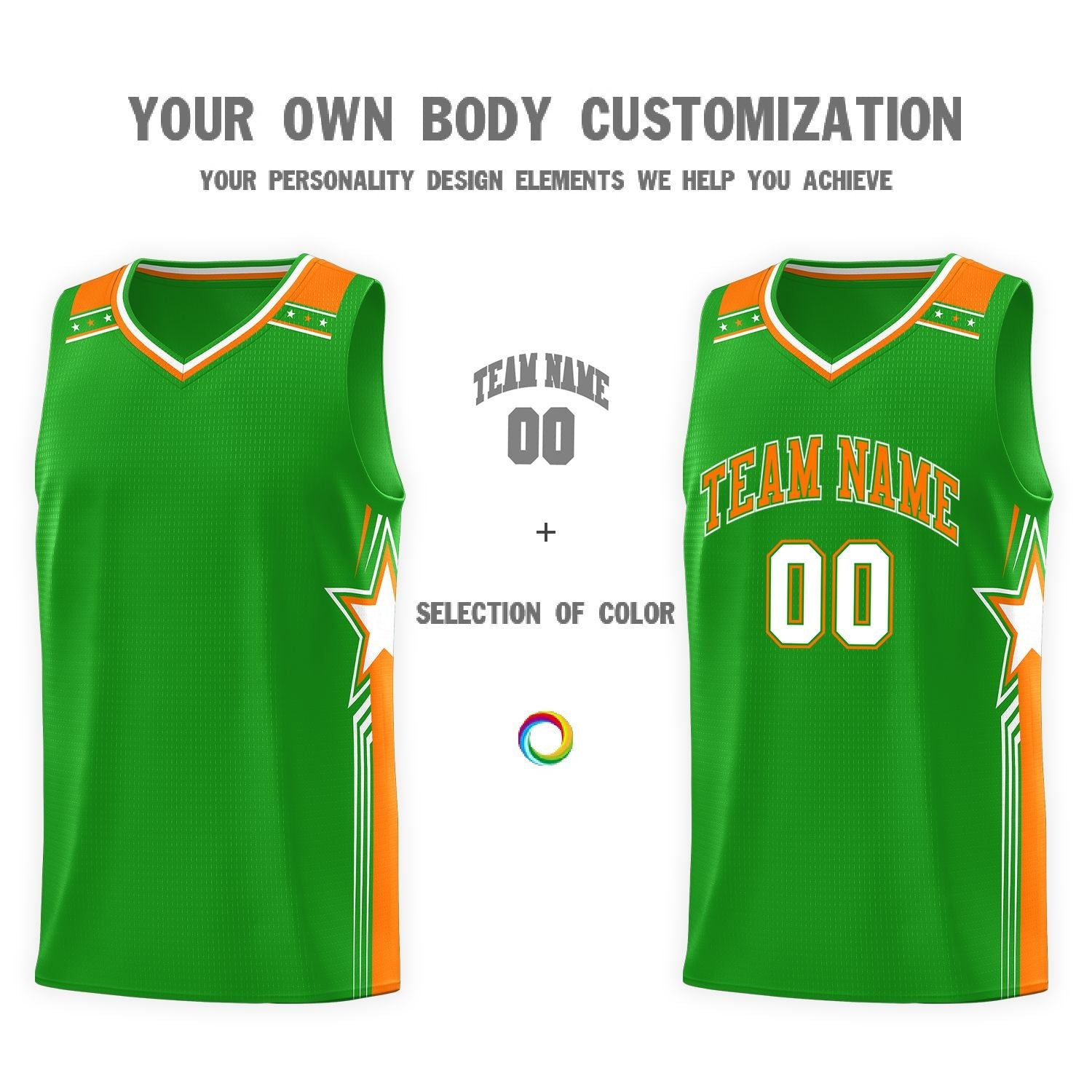 Custom Green Orange Star Graffiti Pattern Sports Uniform Basketball Jersey