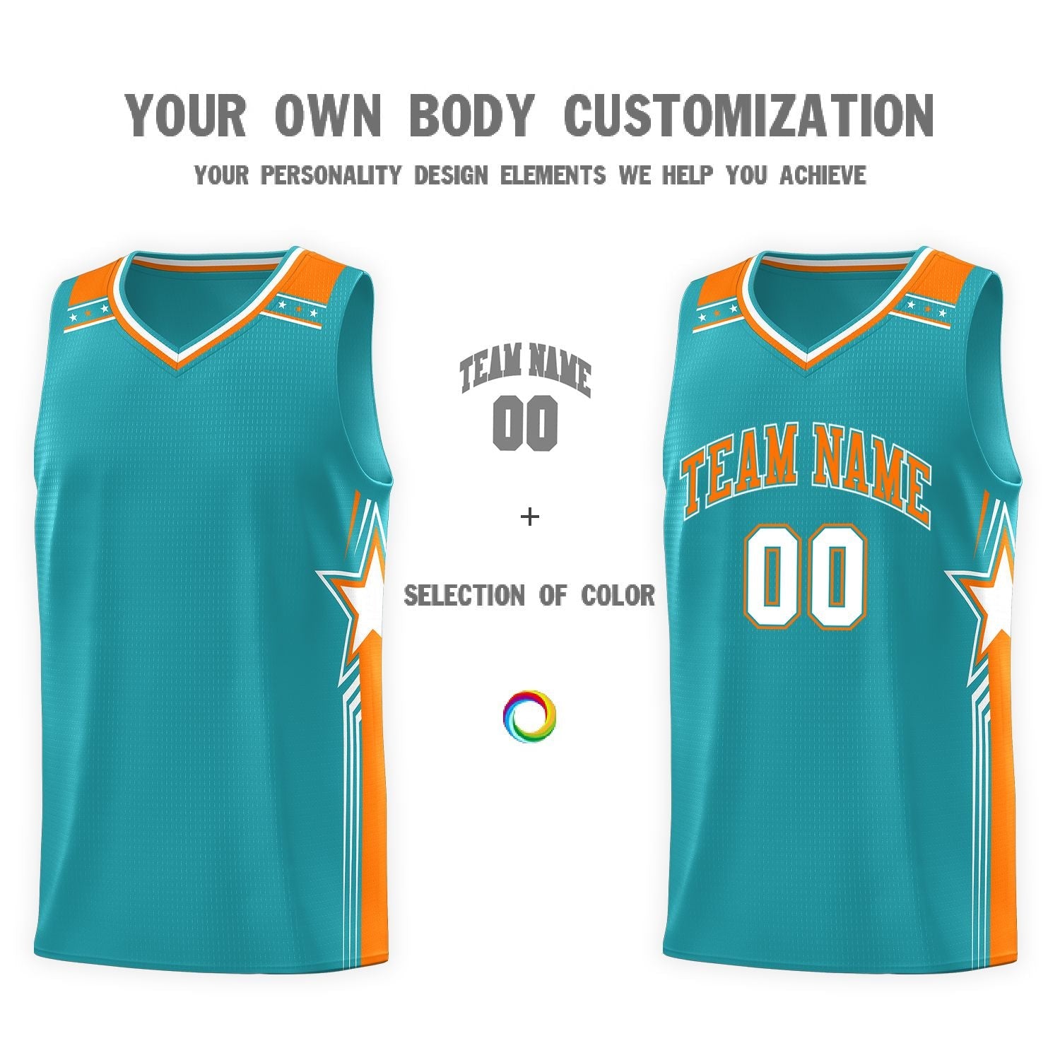 Custom Aqua Orange Star Graffiti Pattern Sports Uniform Basketball Jersey