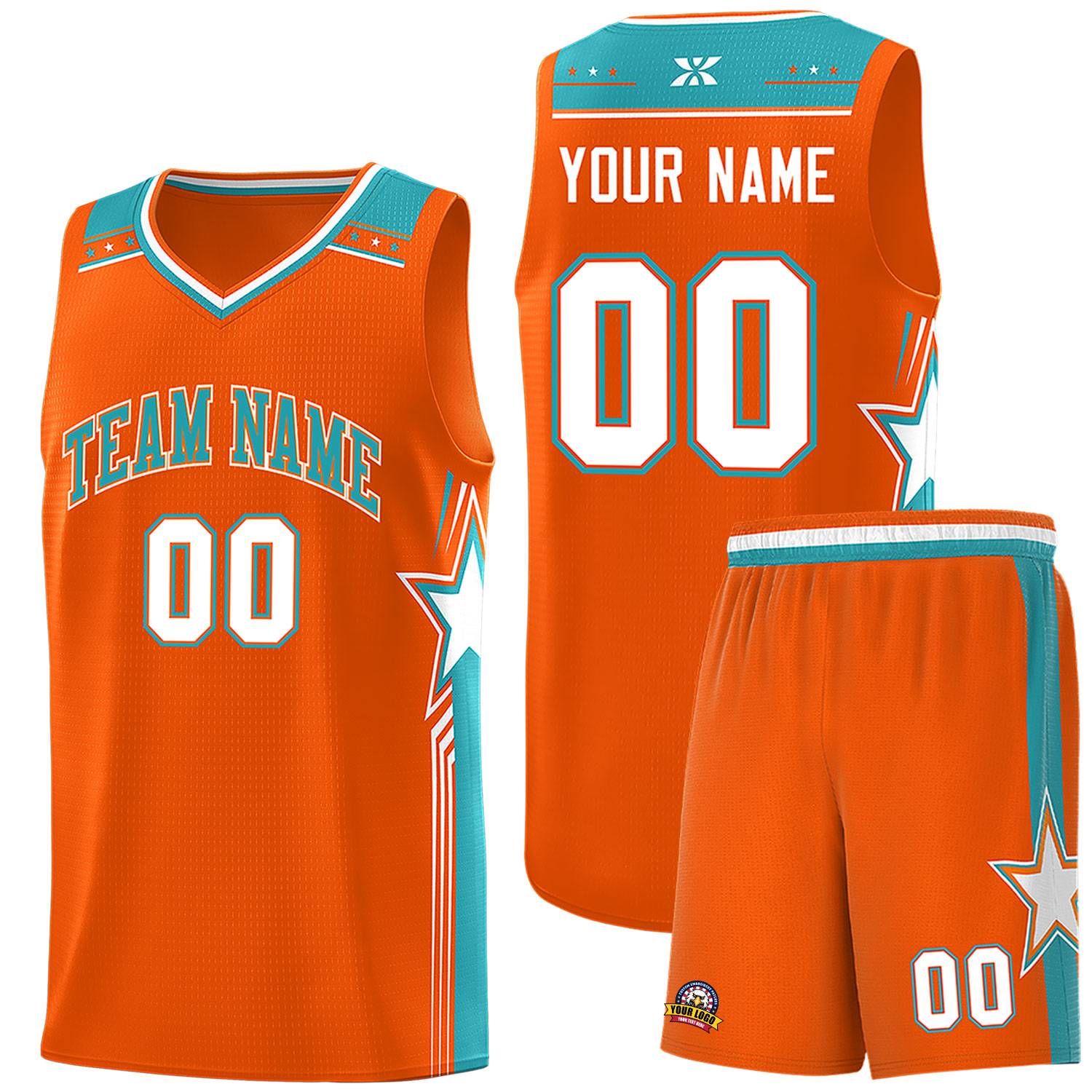 Custom Orange Aqua Star Graffiti Pattern Sports Uniform Basketball Jersey