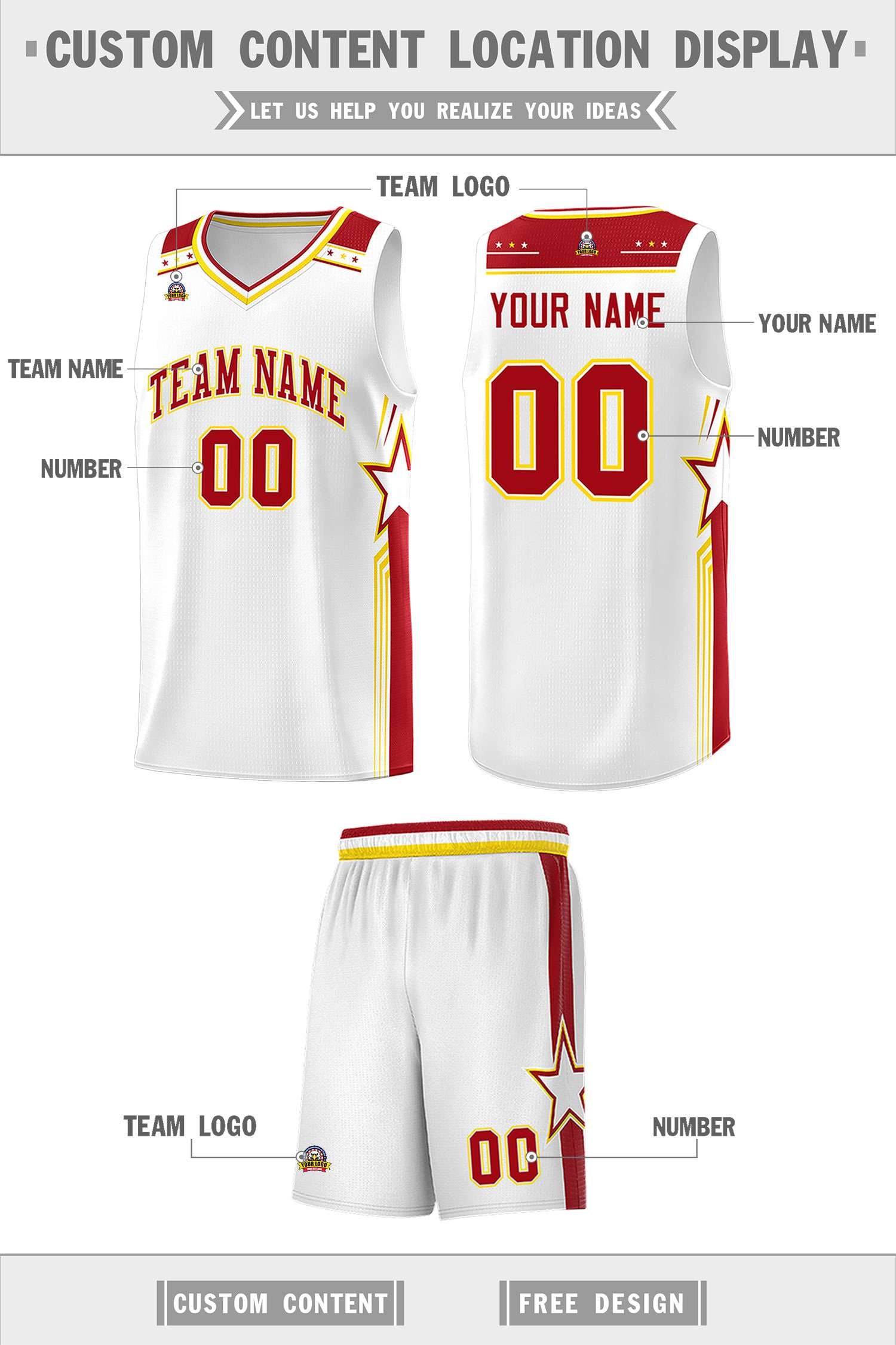 Custom White Red Star Graffiti Pattern Sports Uniform Basketball Jersey