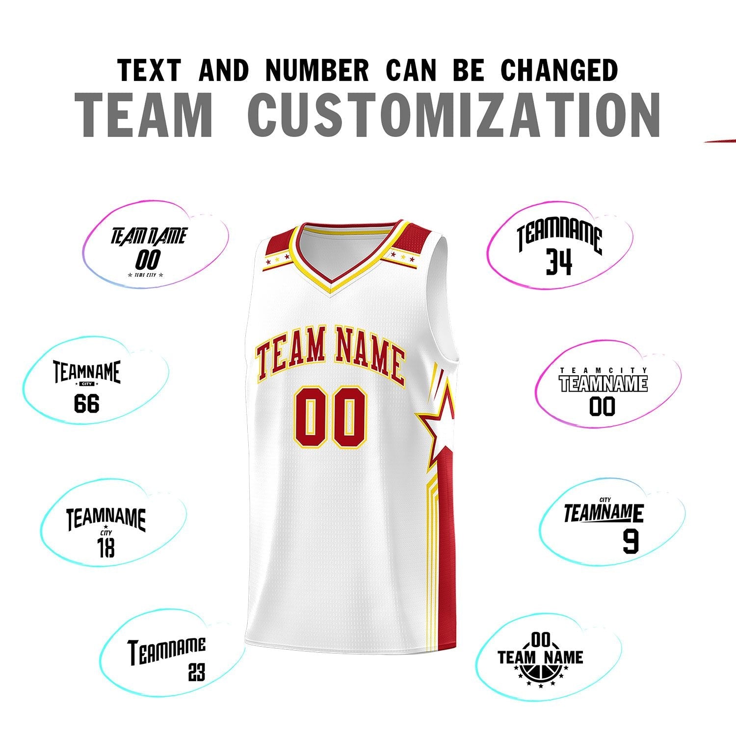 Custom White Red Star Graffiti Pattern Sports Uniform Basketball Jersey