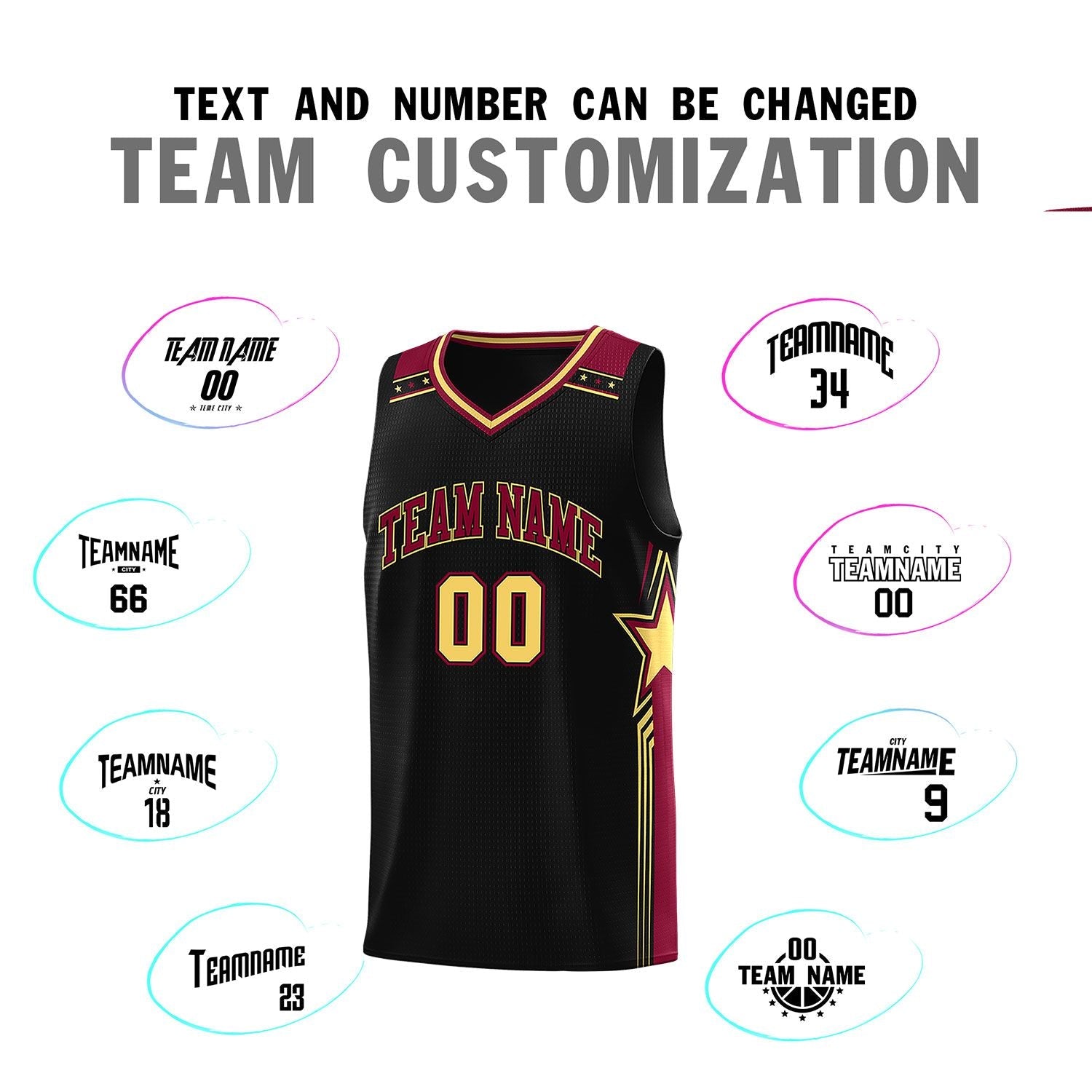 Custom Black Crimson Star Graffiti Pattern Sports Uniform Basketball Jersey