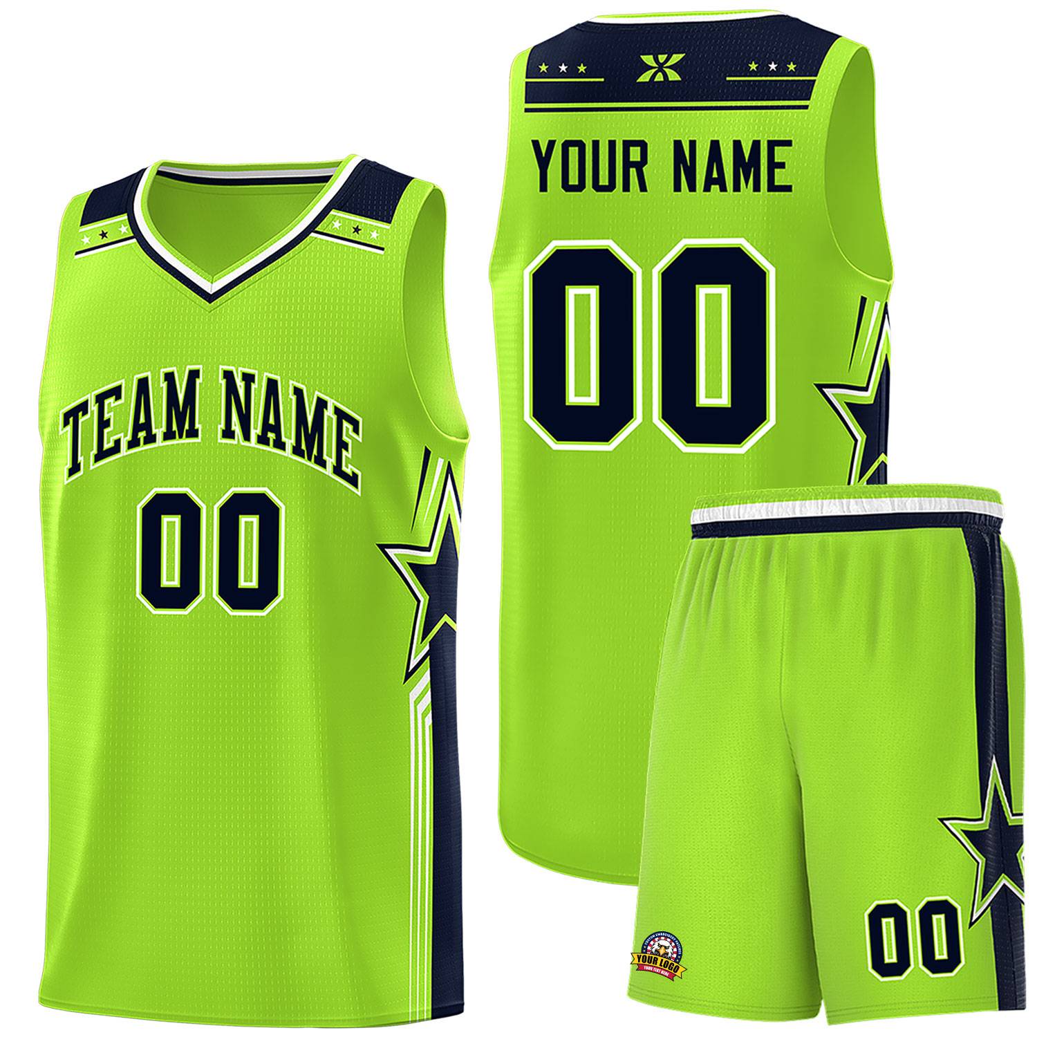 Custom Neon Green Navy Star Graffiti Pattern Sports Uniform Basketball Jersey