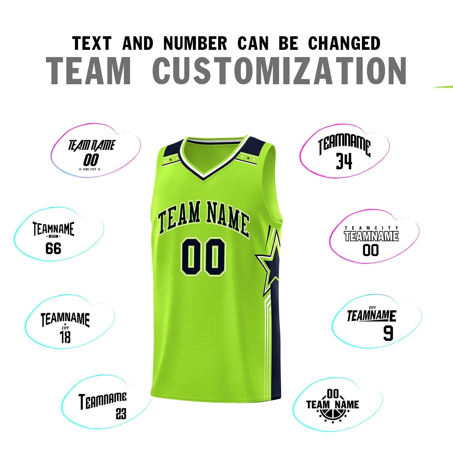 Custom Neon Green Navy Star Graffiti Pattern Sports Uniform Basketball Jersey