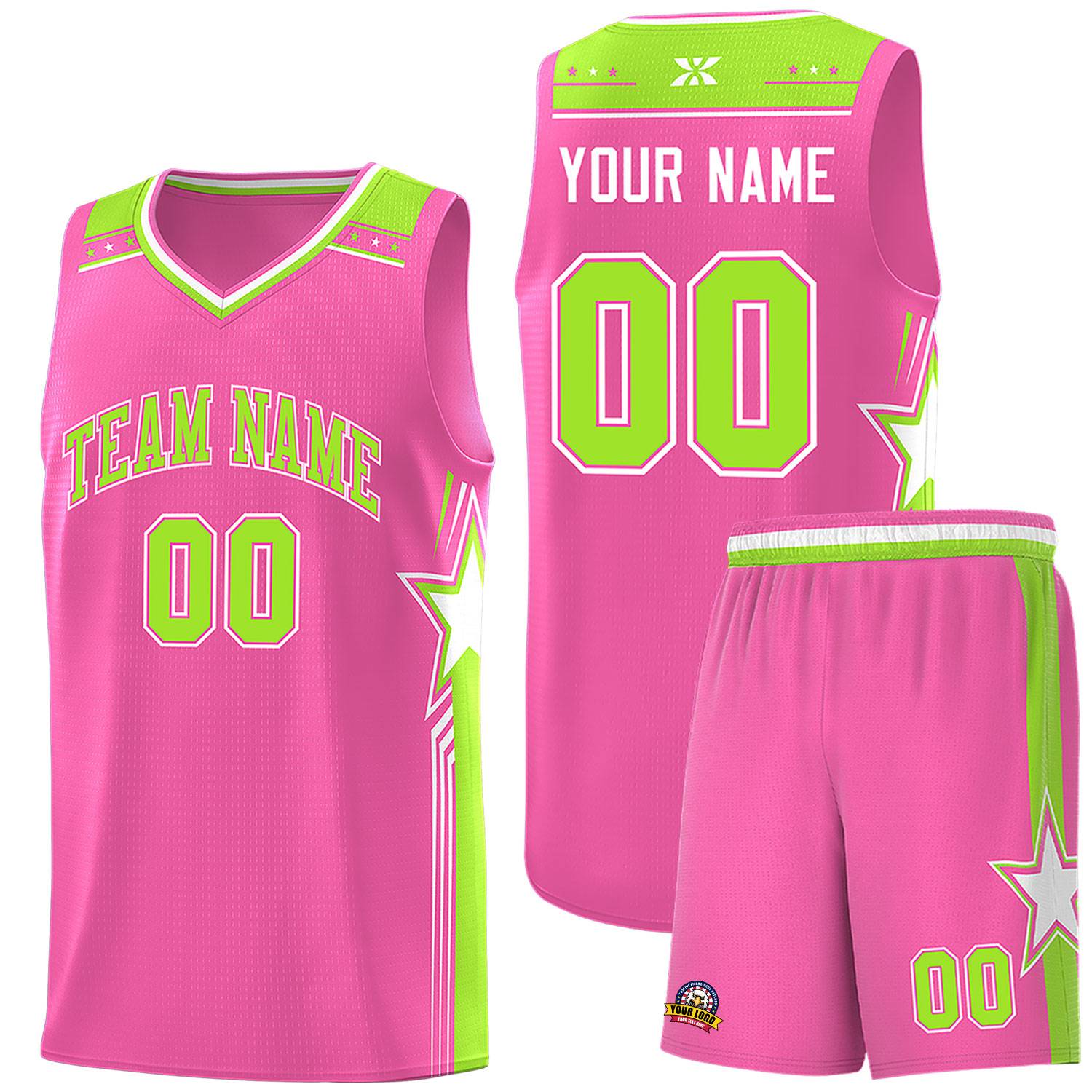 Custom Pink Neon Green Star Graffiti Pattern Sports Uniform Basketball Jersey