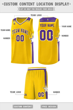 Custom Gold Purple Star Graffiti Pattern Sports Uniform Basketball Jersey