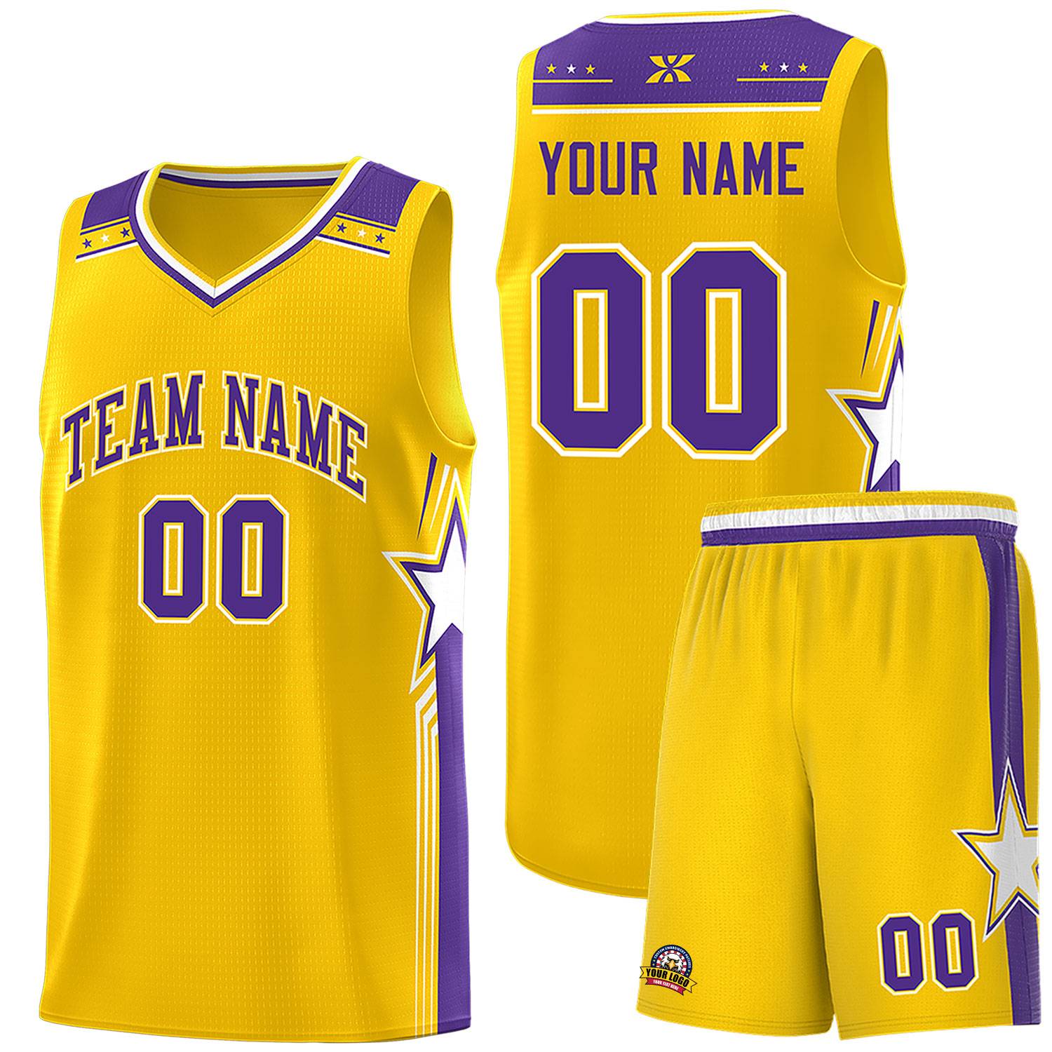 Custom Gold Purple Star Graffiti Pattern Sports Uniform Basketball Jersey