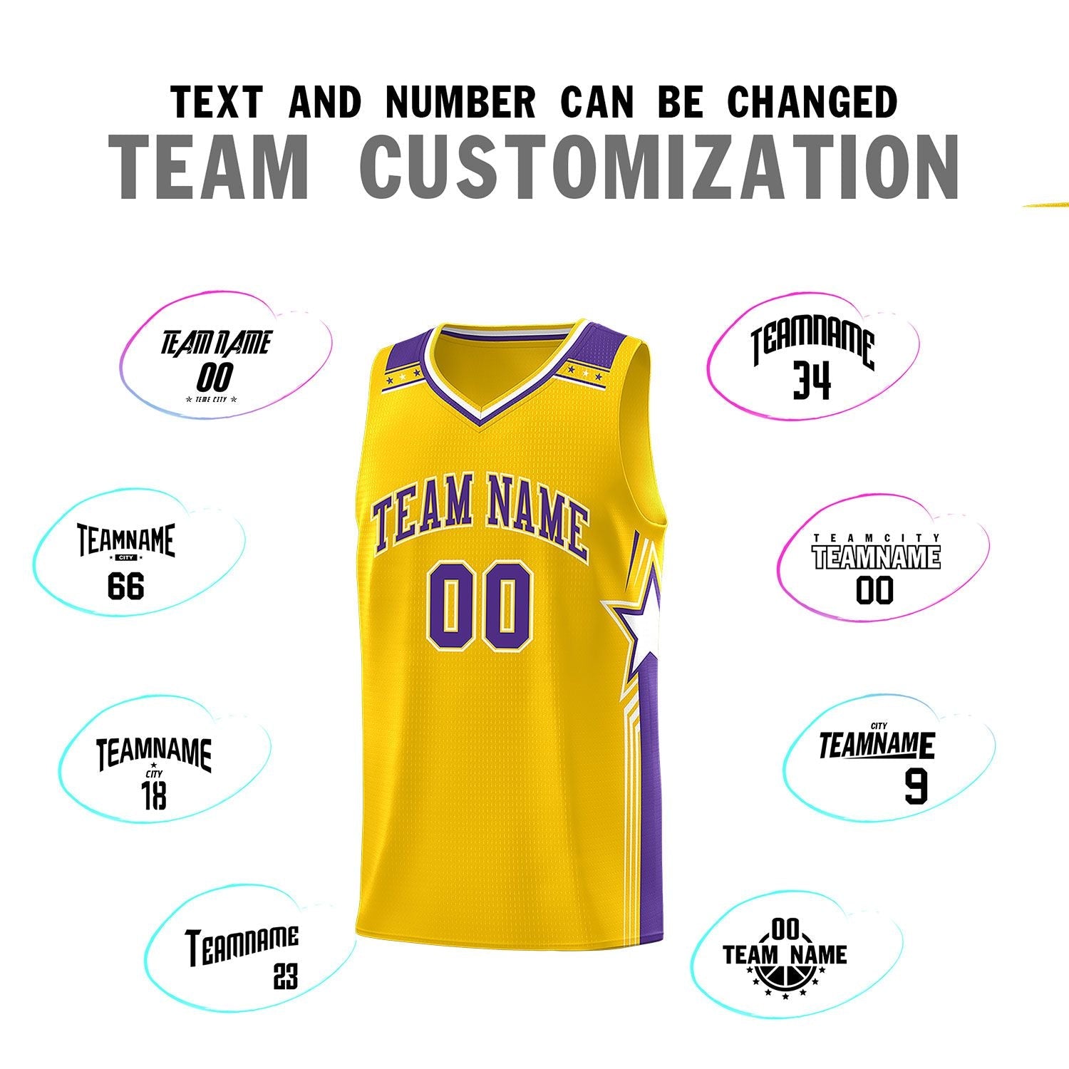 Custom Gold Purple Star Graffiti Pattern Sports Uniform Basketball Jersey