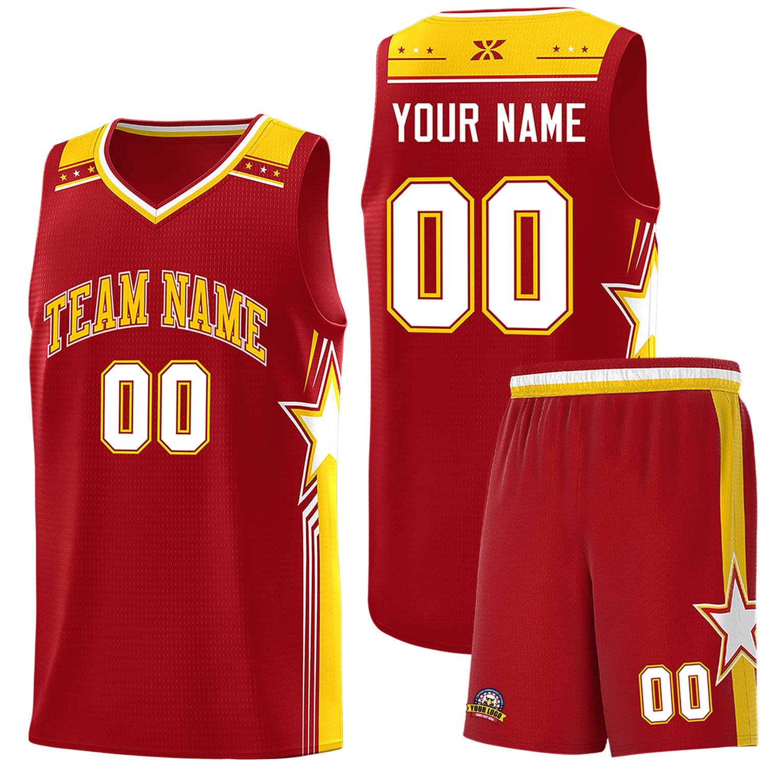 Custom Red Gold Star Graffiti Pattern Sports Uniform Basketball Jersey