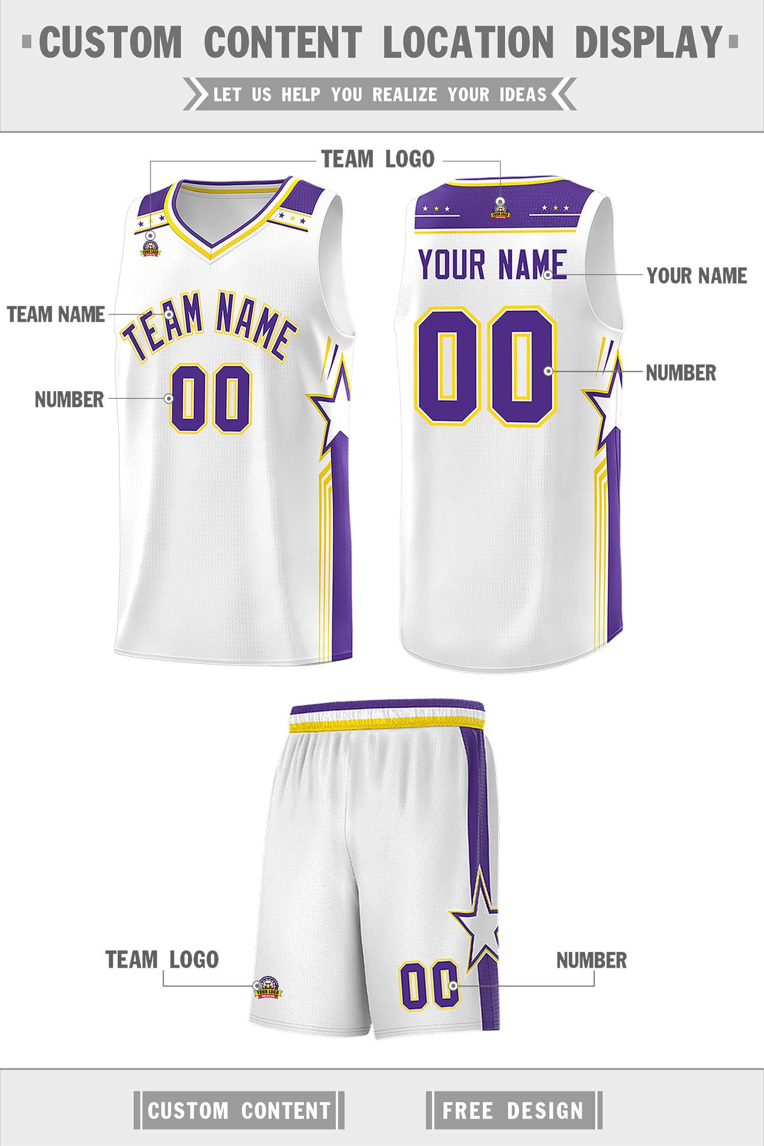 Custom White Purple Star Graffiti Pattern Sports Uniform Basketball Jersey