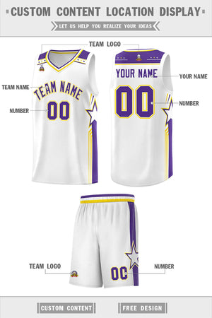 Custom White Purple Star Graffiti Pattern Sports Uniform Basketball Jersey