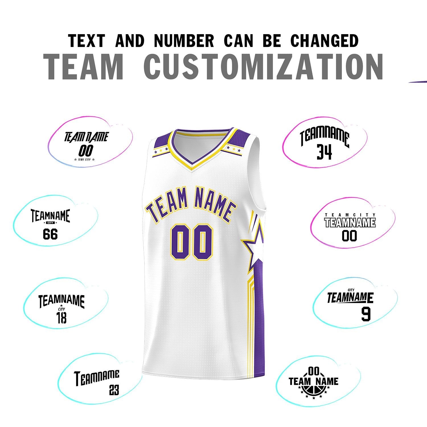 Custom White Purple Star Graffiti Pattern Sports Uniform Basketball Jersey